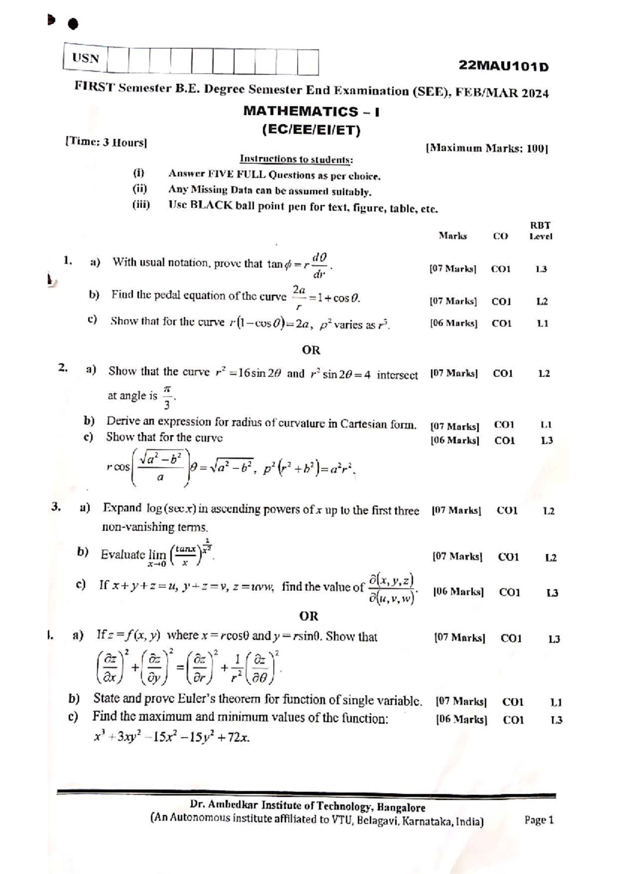 B.E. 1st Sem SEE 2024: Mathematics 22MAU101D Exam Instructions - Studocu