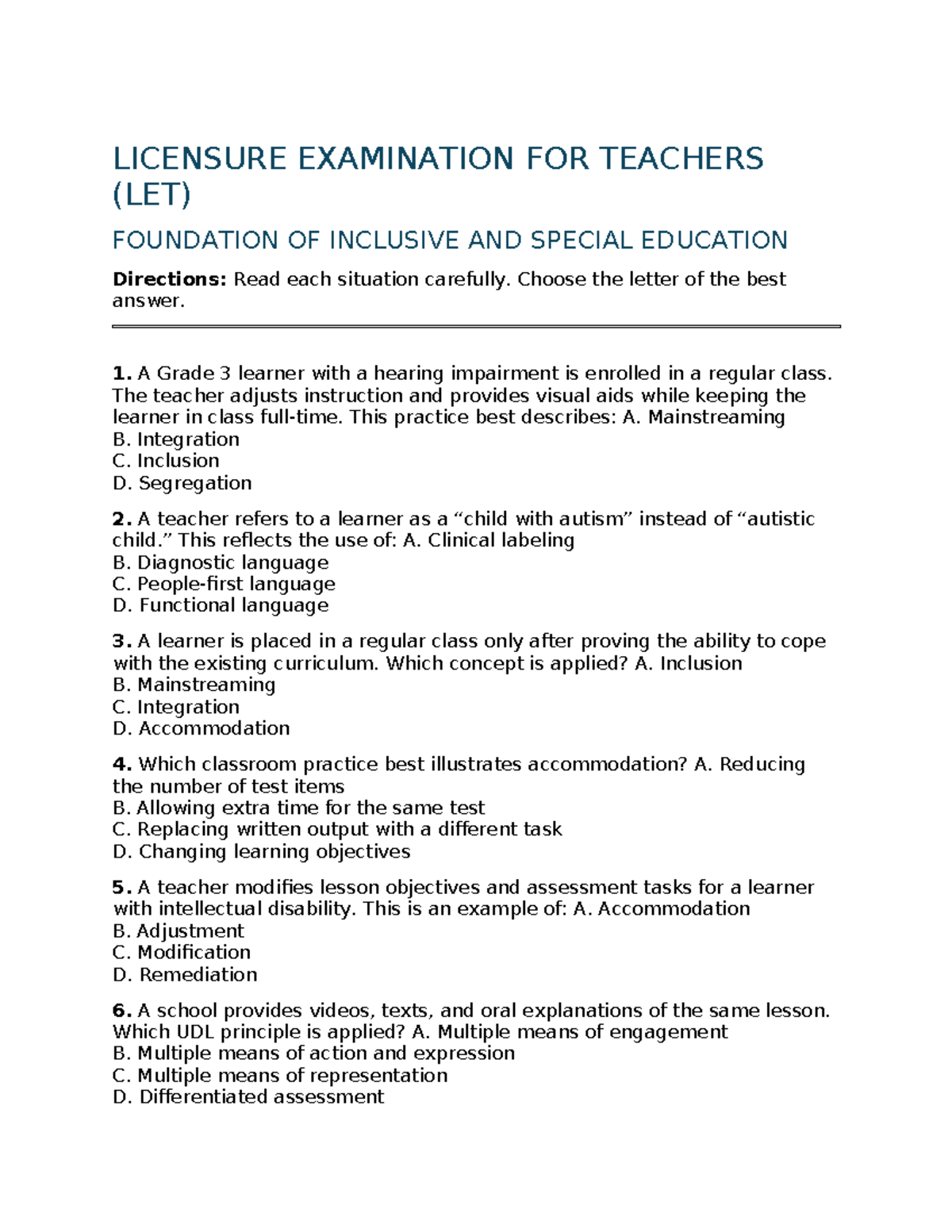 LET: Foundation of Inclusive and Special Education Practice Questions ...