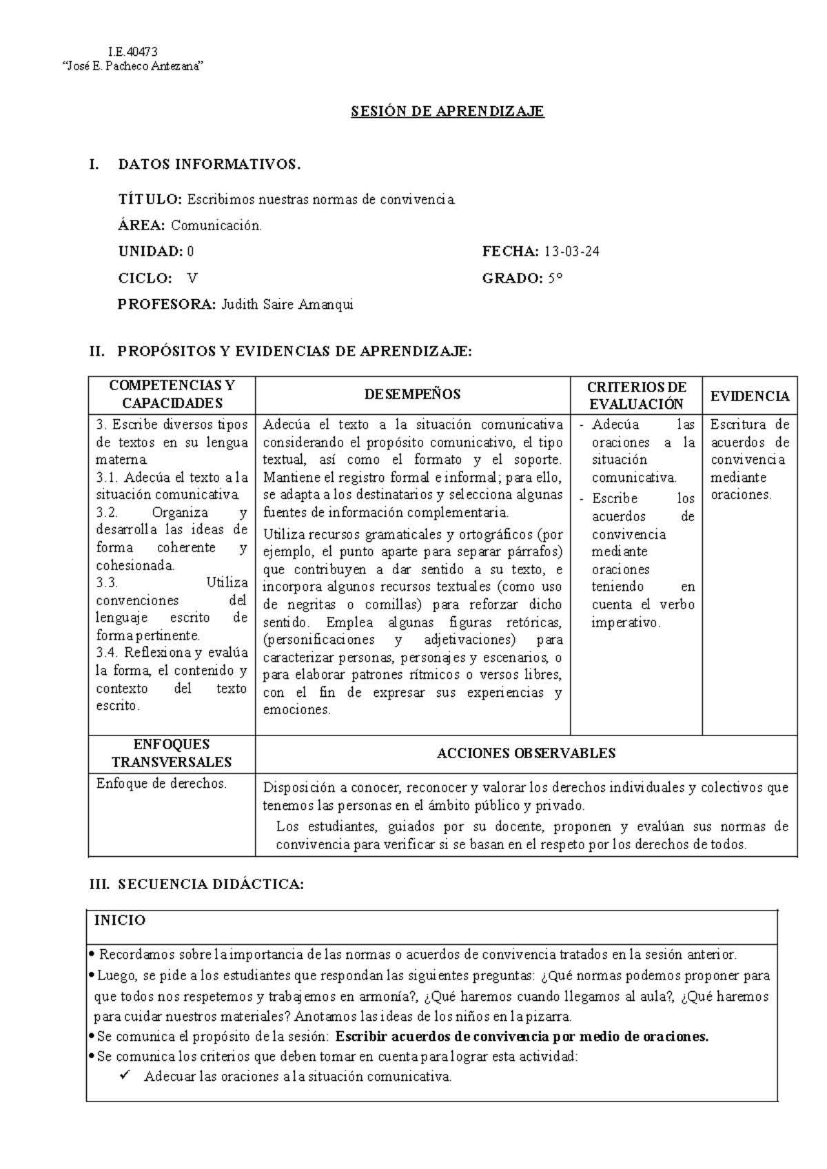 Guía de Clase: Escribimos Normas de Convivencia - 5° Grado Com 1.3 ...