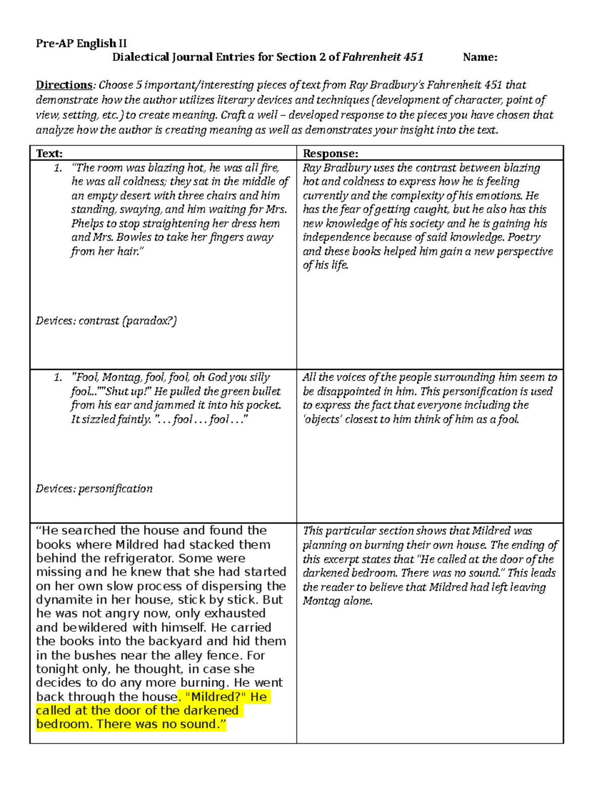 Dialectical Journal Entries for Section 2 of Faherenheit 451 - Pre 