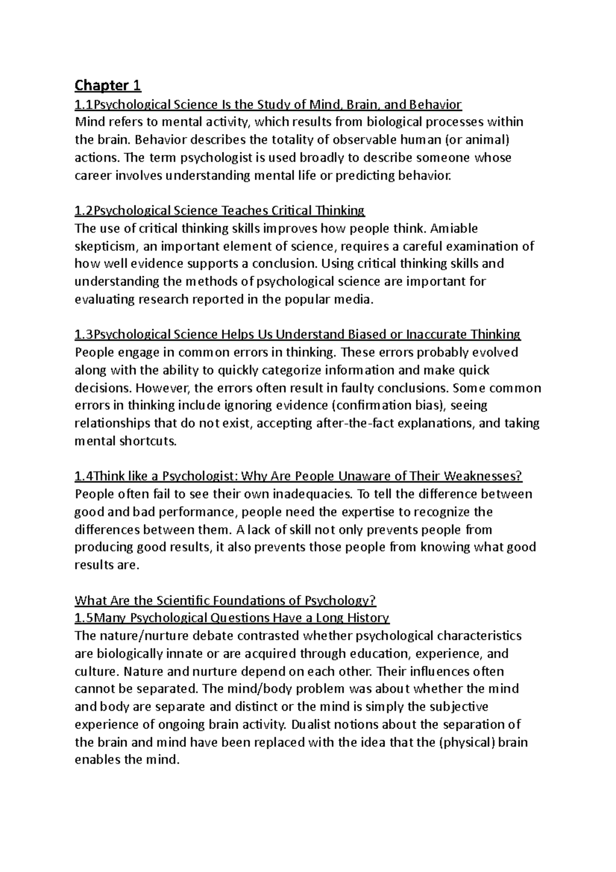 Psyc review pt.1 - Summary Introductory Psychology - Chapter 1 1 ...