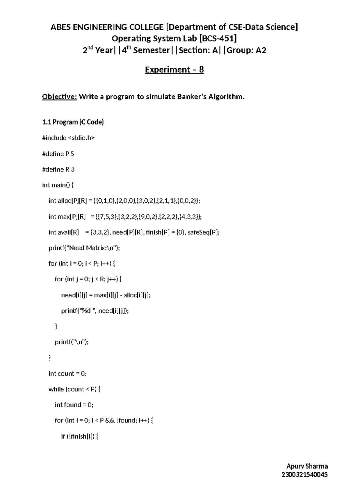 OS Lab 2nd A2 Exp 8: Simulating Algorithm in C Code - Studocu