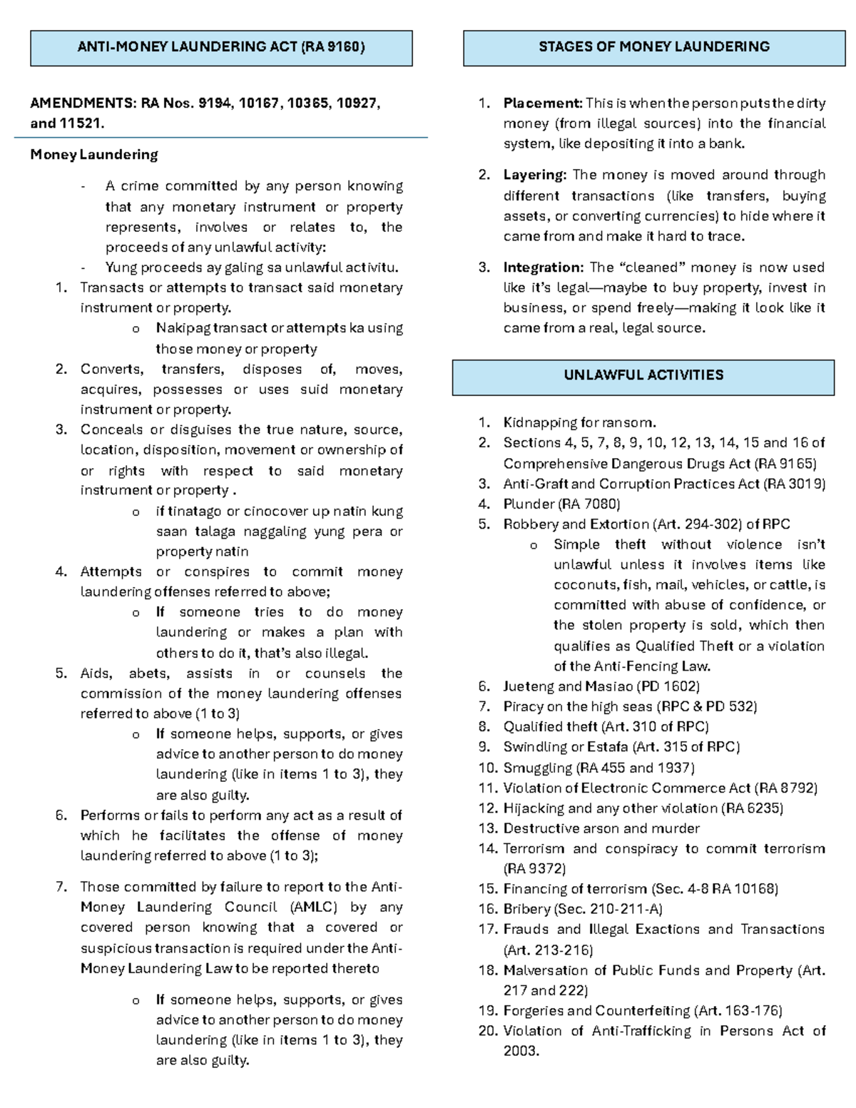 AMLA - NOTES ON ANTI-MONEY LAUNDERING AND RA 9160 AMENDMENTS - Studocu