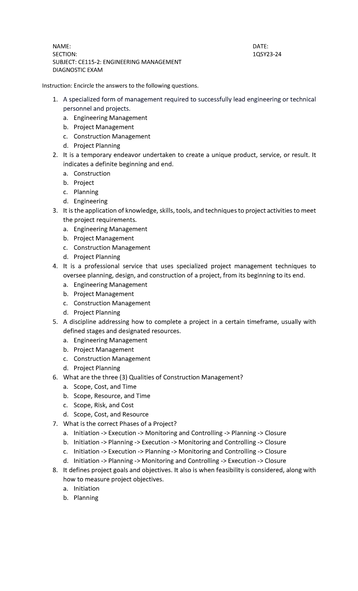 Engineering Management Diagnostic Exam CE115-2 - Studocu
