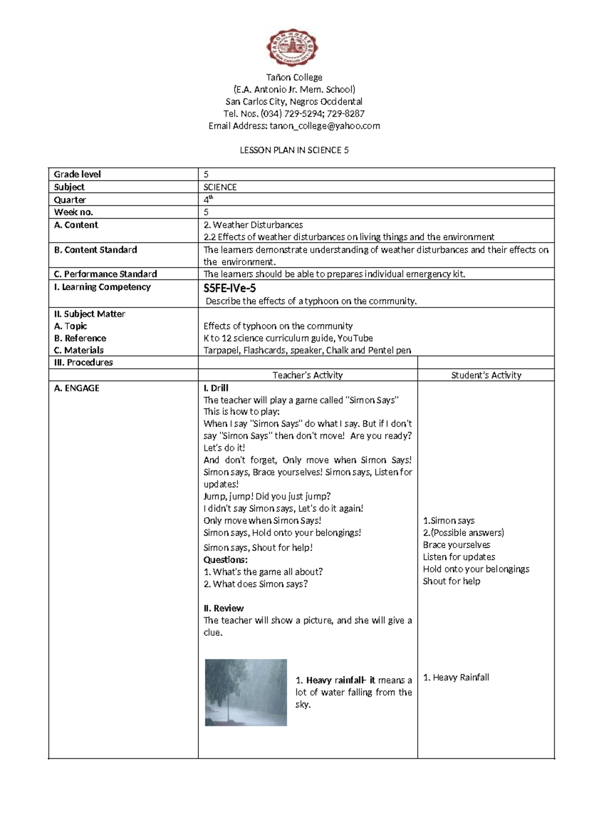 Final Lesson Plan in Science 5: Weather Disturbances Effects - Studocu