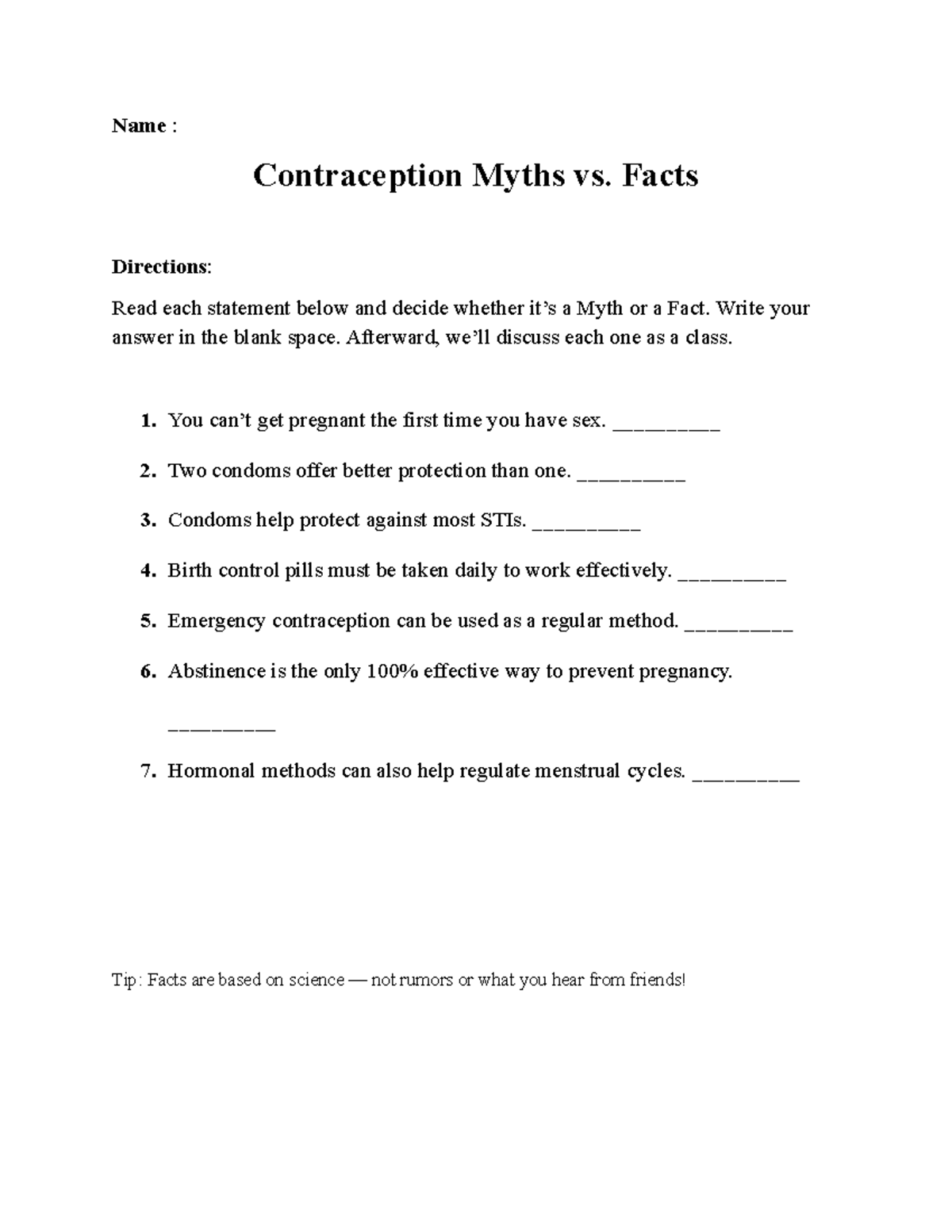 Contraception Myths vs. Facts: Class Discussion Guide - Studocu