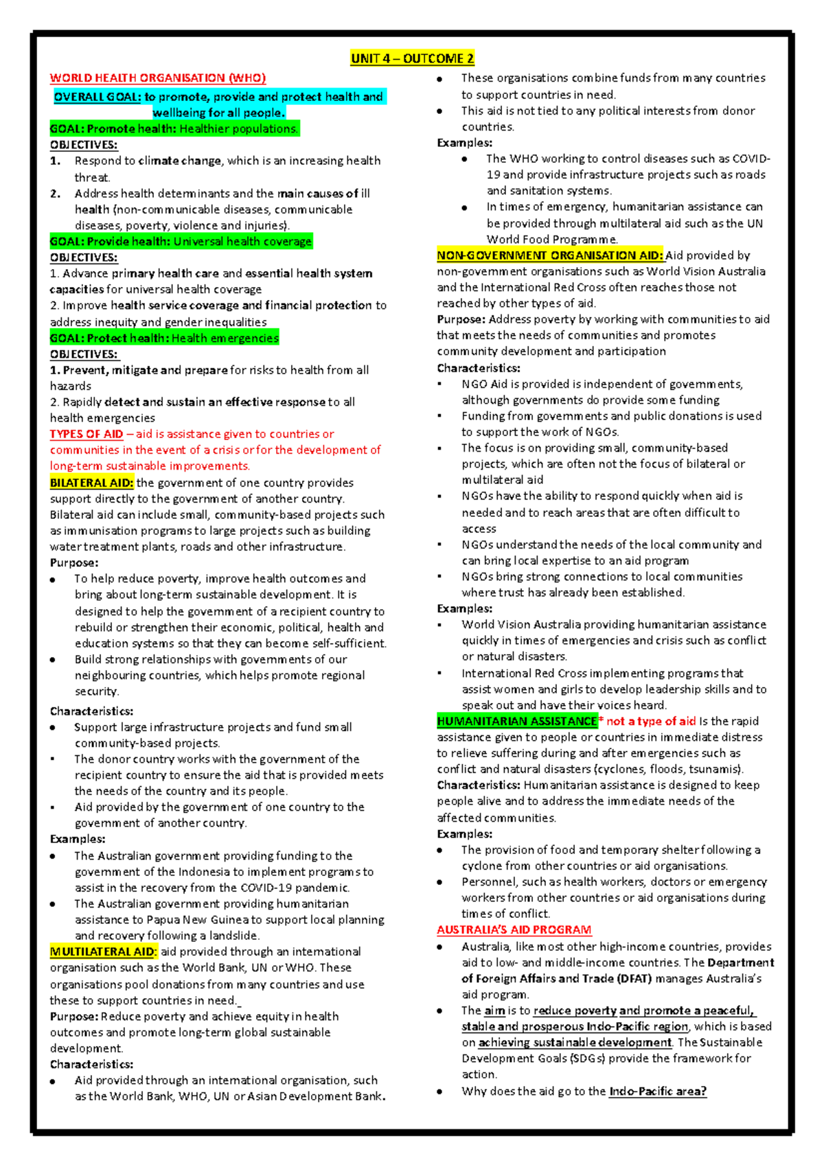 HHD UNIT 4 AOS2 - WHO Goals and Types of Aid Overview - Studocu