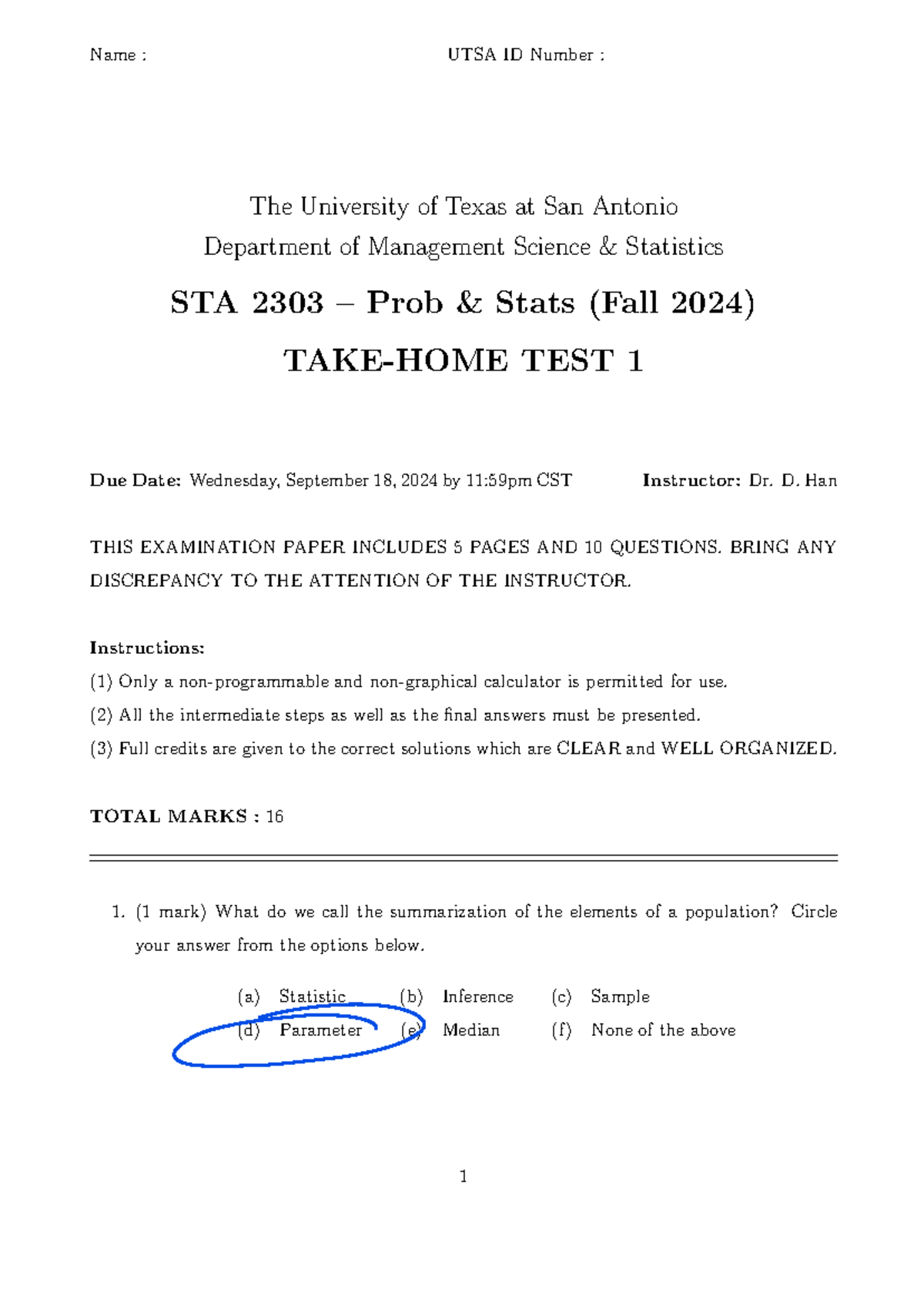 STA 2303 Take-Home Exam 1 - Fall 2024: Prob & Stats Questions - Studocu