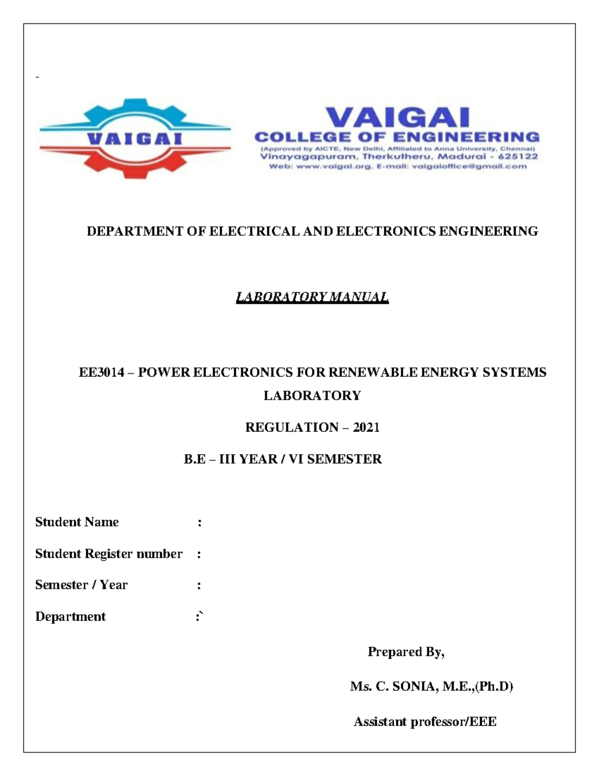 EE3014 Laboratory Manual: Power Electronics for Renewable Energy ...