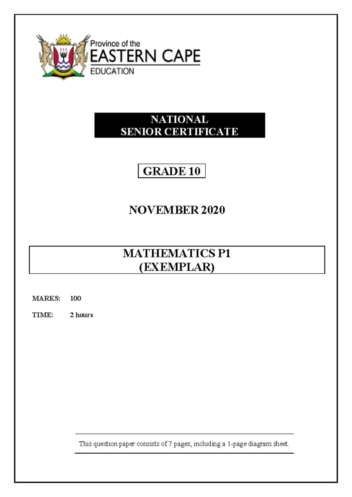 Mathematics P1 Grade 10 November 2020 Question Paper (Exemplar) - Studocu