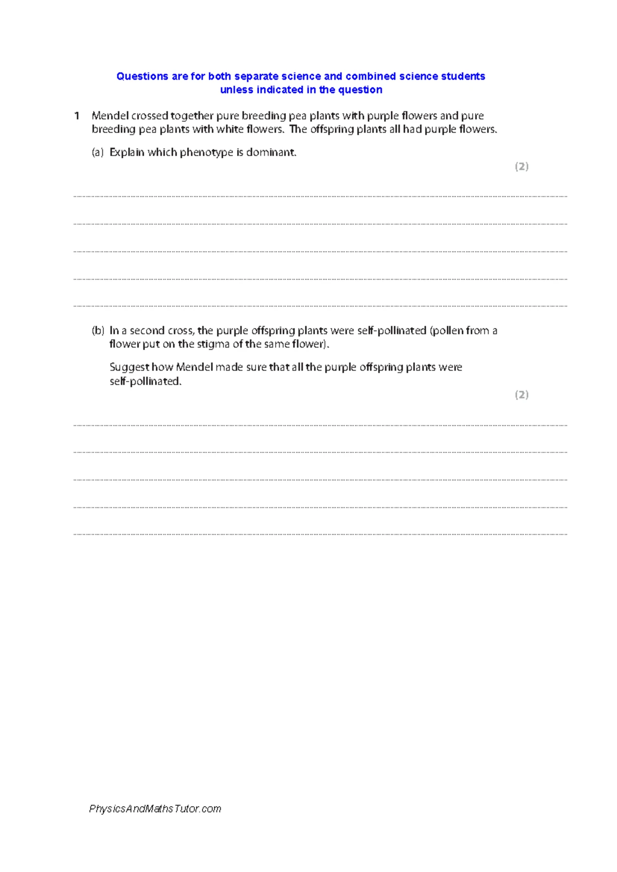 Inheritance 2 - Sample Questions for Separate and Combined Science ...