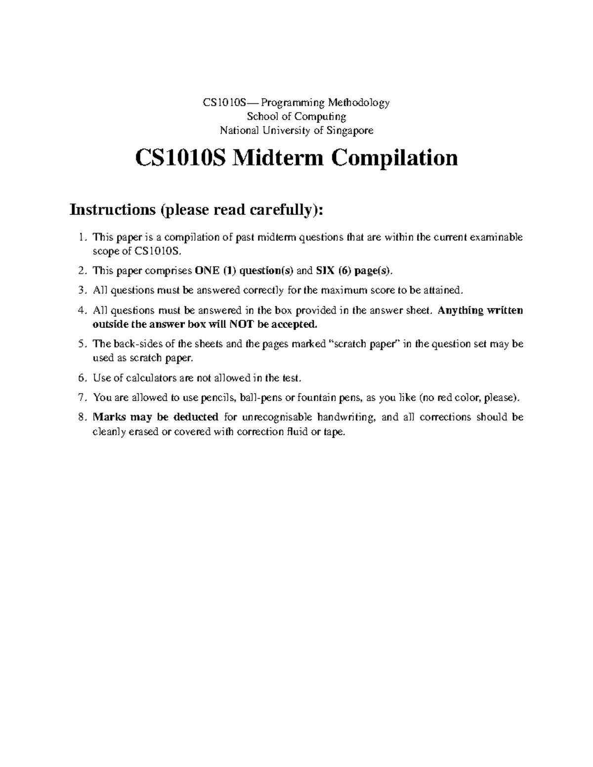 CS1010S Midterm Compilation: Programming Methodology Questions - Studocu
