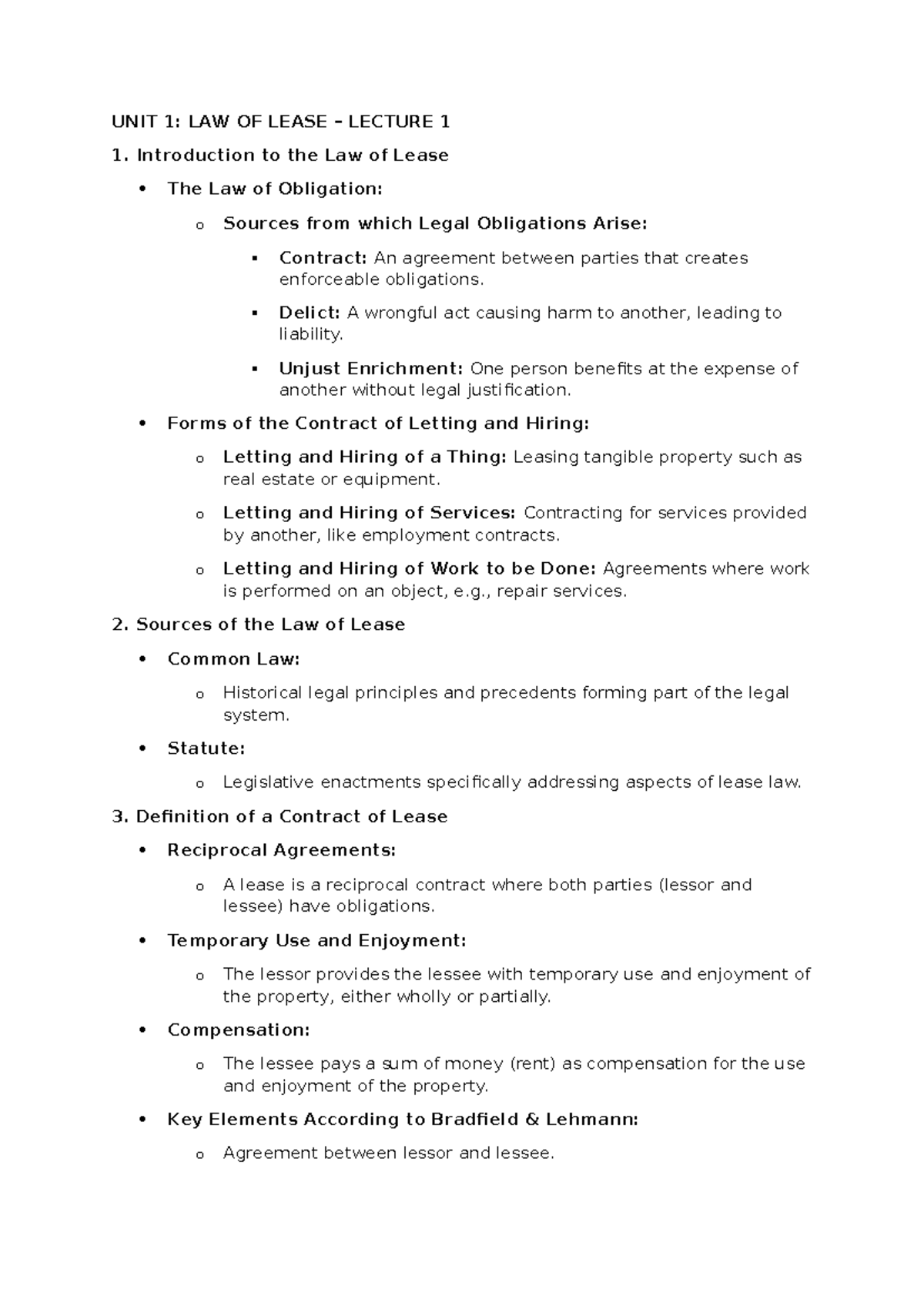 UNIT 1 - Law of Lease: Lecture Notes & Key Concepts - Studocu
