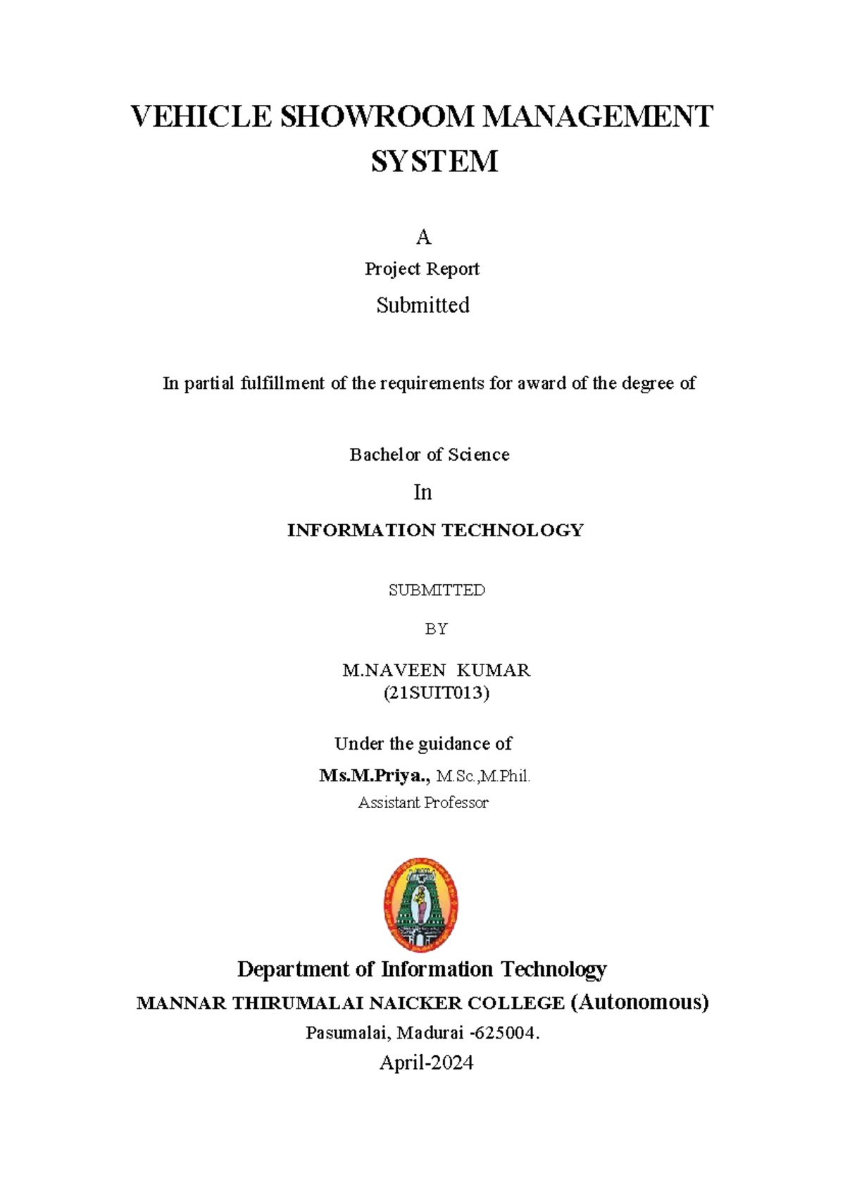 Vehicle Showroom Management System Project Report - B.Sc. IT - Studocu
