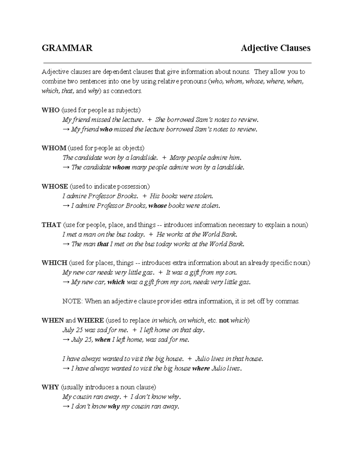 ENG 101: Adjective Clauses Activities and Examples for Mastery - Studocu