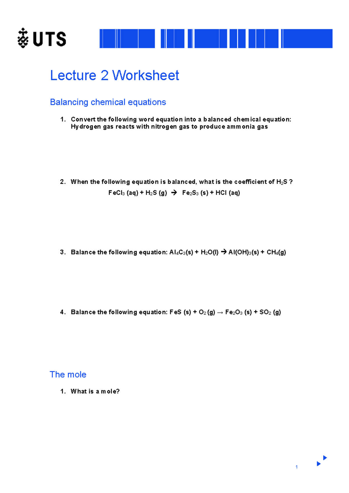 Lecture 2 Worksheet: Balancing Chemical Equations & Moles - Studocu