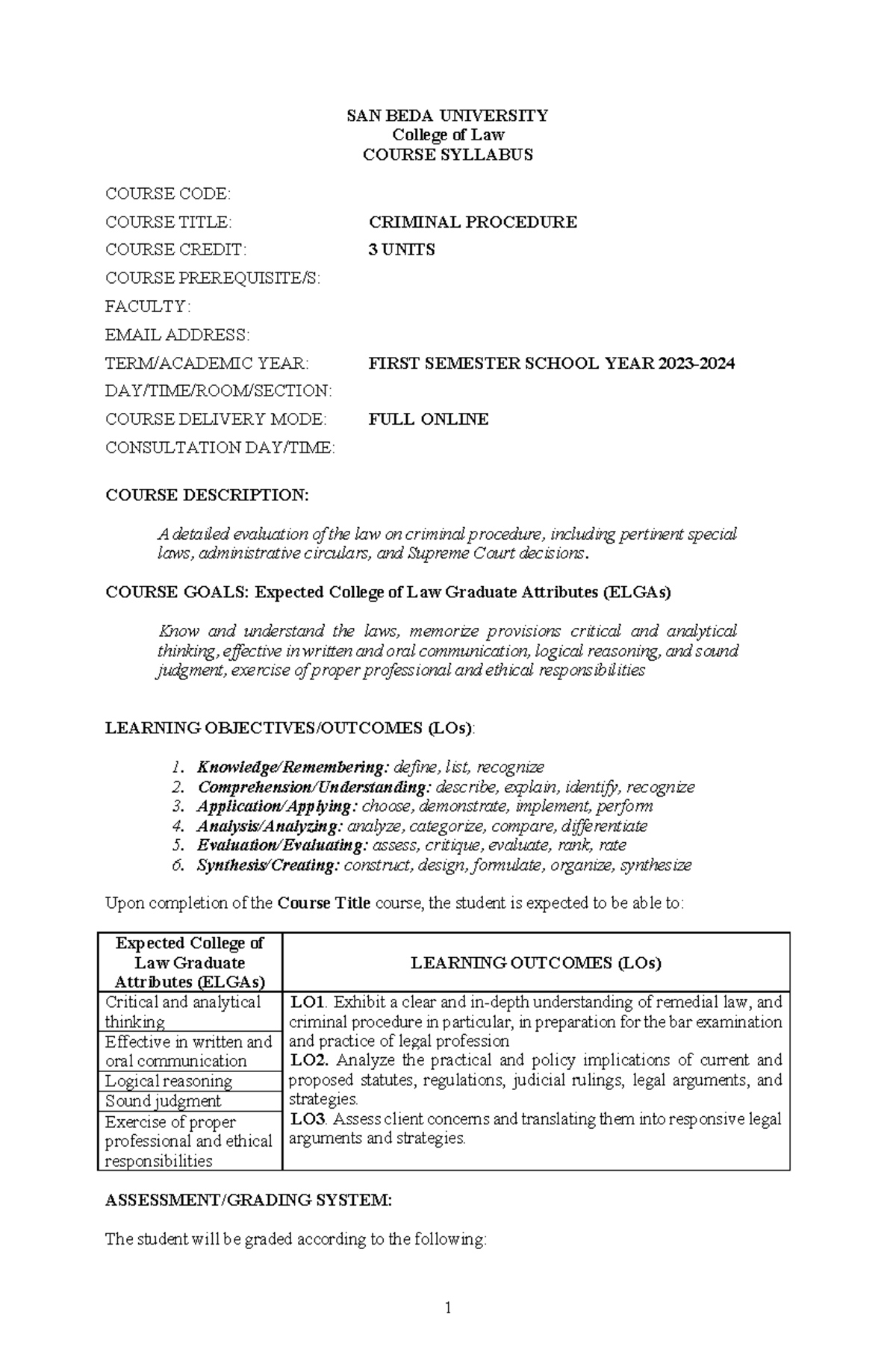 Criminal Procedure Syllabus (LAW 101) - San Beda University 2023-2024 ...