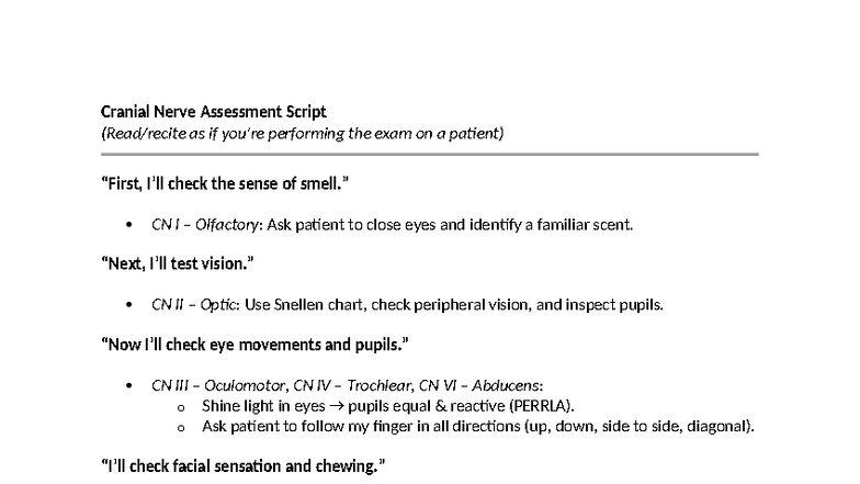 Cranial Nerve Assessment Script - Cranial Nerve Assessment Script (Read ...