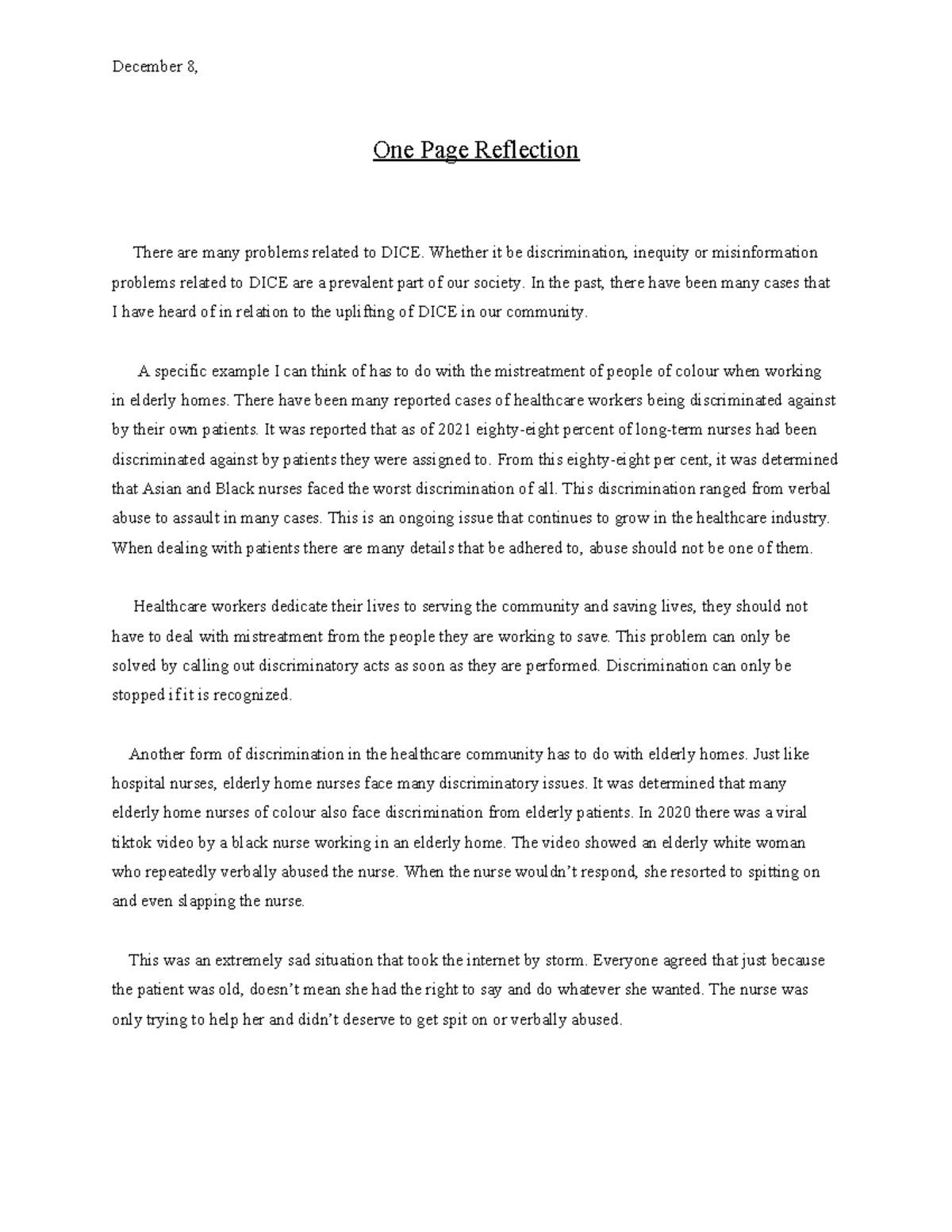 DICE Reflection: Addressing Discrimination in Healthcare Settings - Studocu