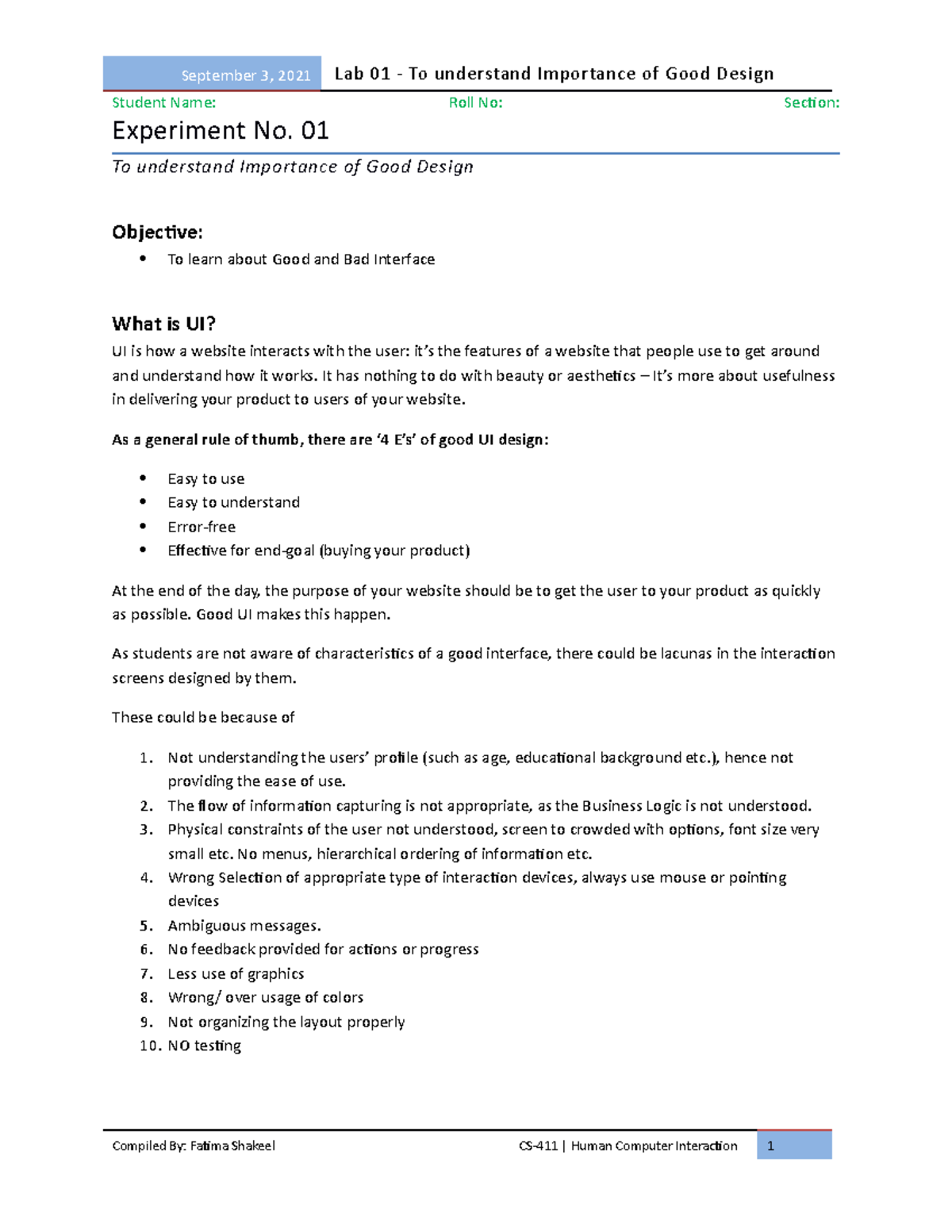 Lab 1 Manual - Student Name: Roll No: Section: Experiment No. 01 To ...