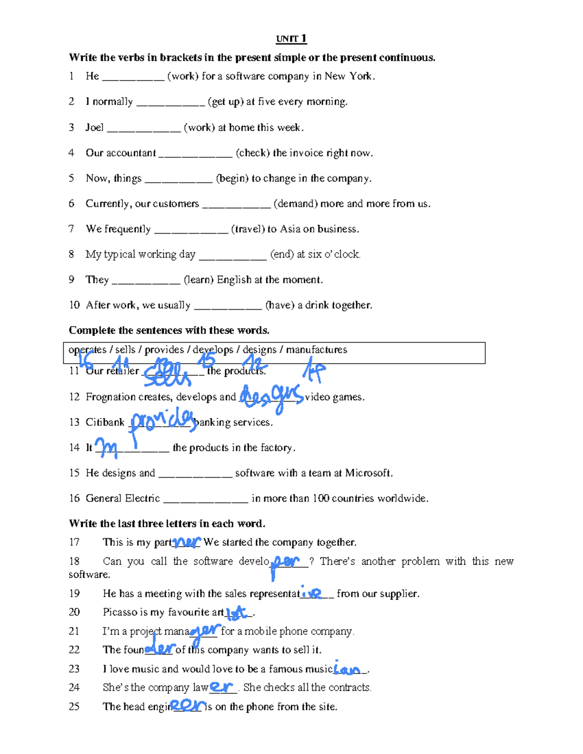 U1 Activities: Present Simple & Continuous Verbs Exercises - Studocu