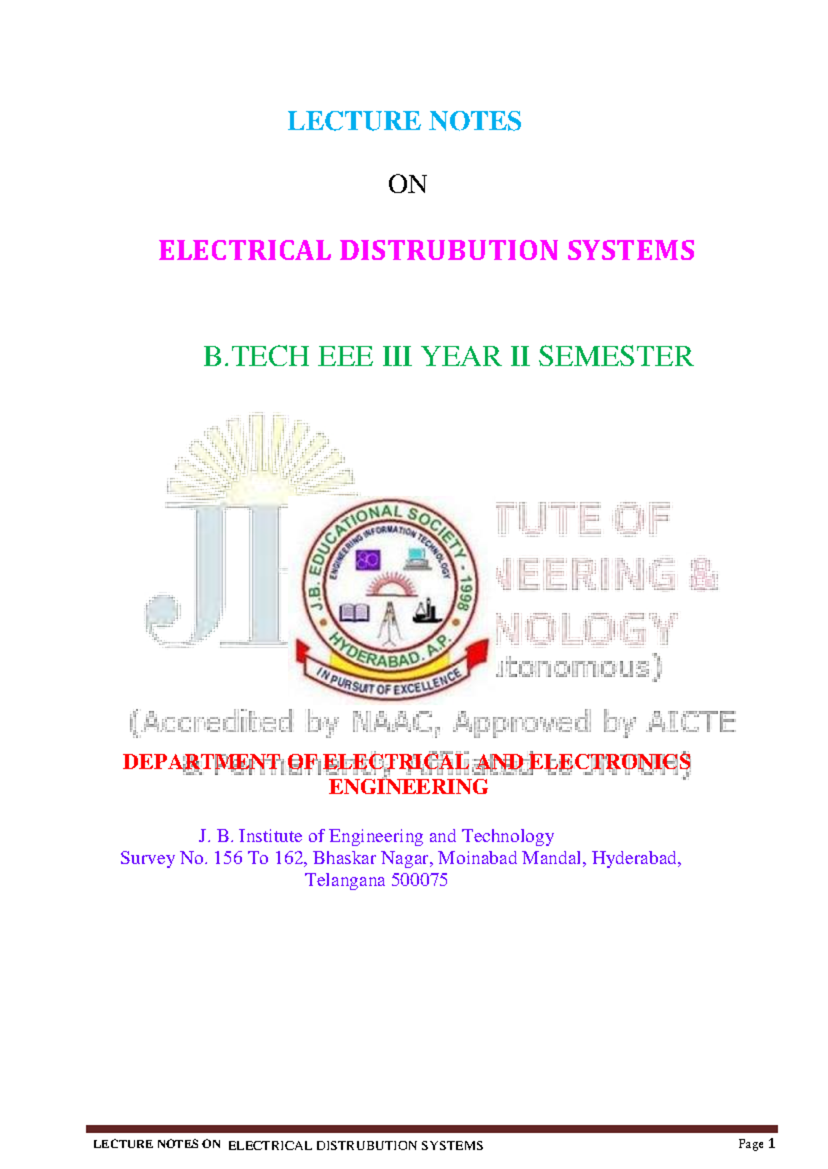 Lecture Notes on Electrical Distribution Systems (EDS-Notes) - Studocu