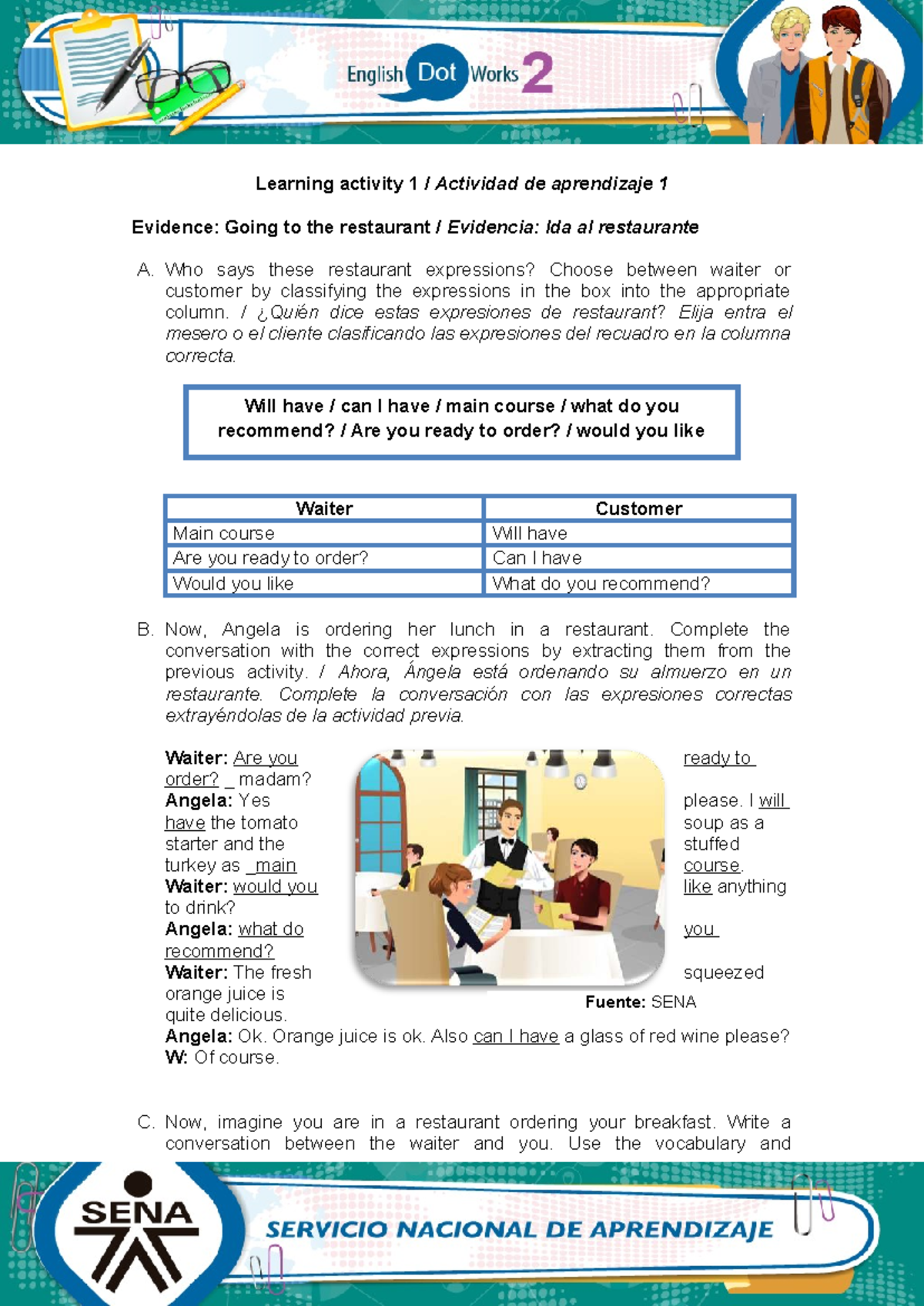 Evidence: Going to the Restaurant - Learning Activity 1 (SENA) - Studocu
