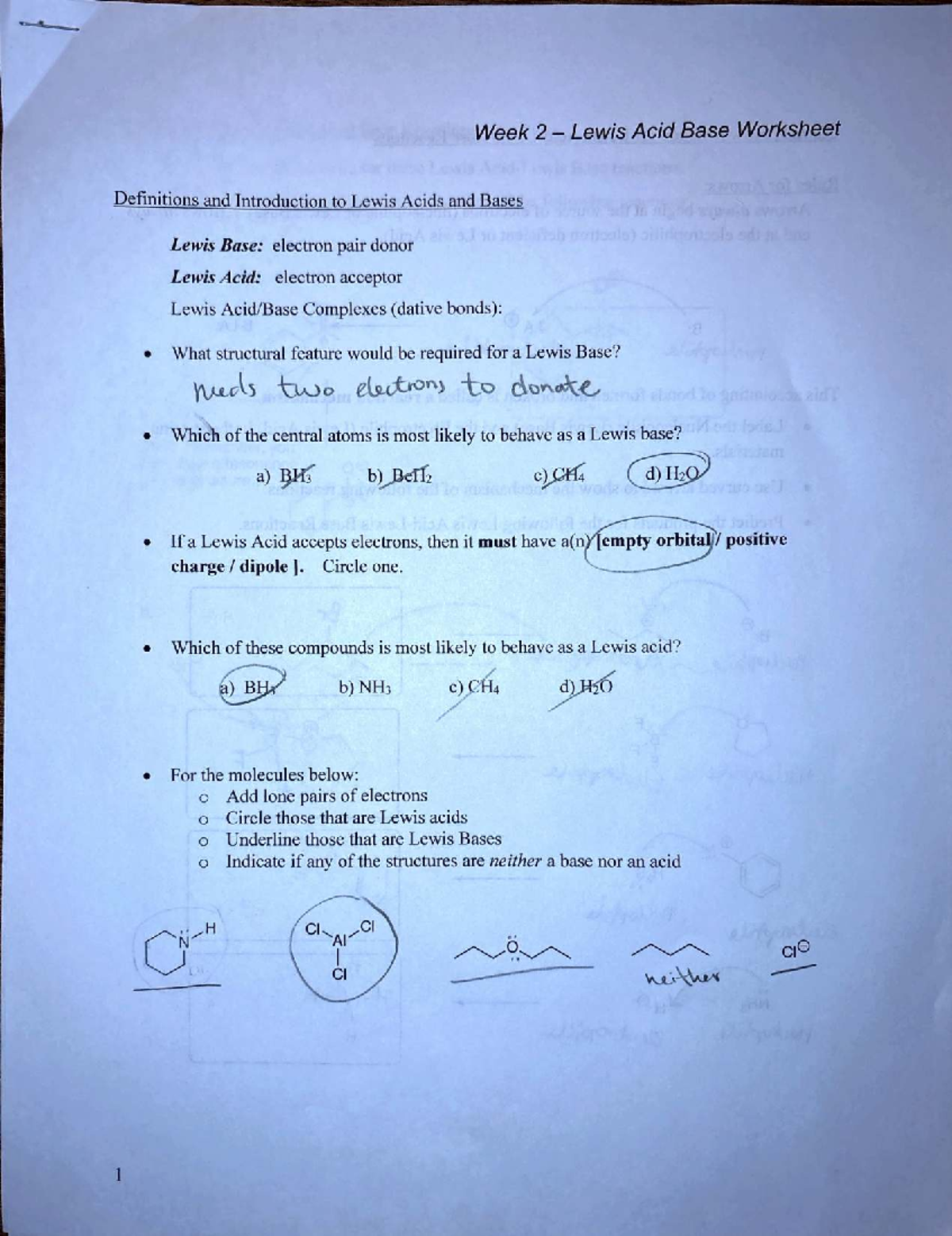 CHEM 101 Week 2 Lewis Acid-Base Worksheet & Definitions - Studocu