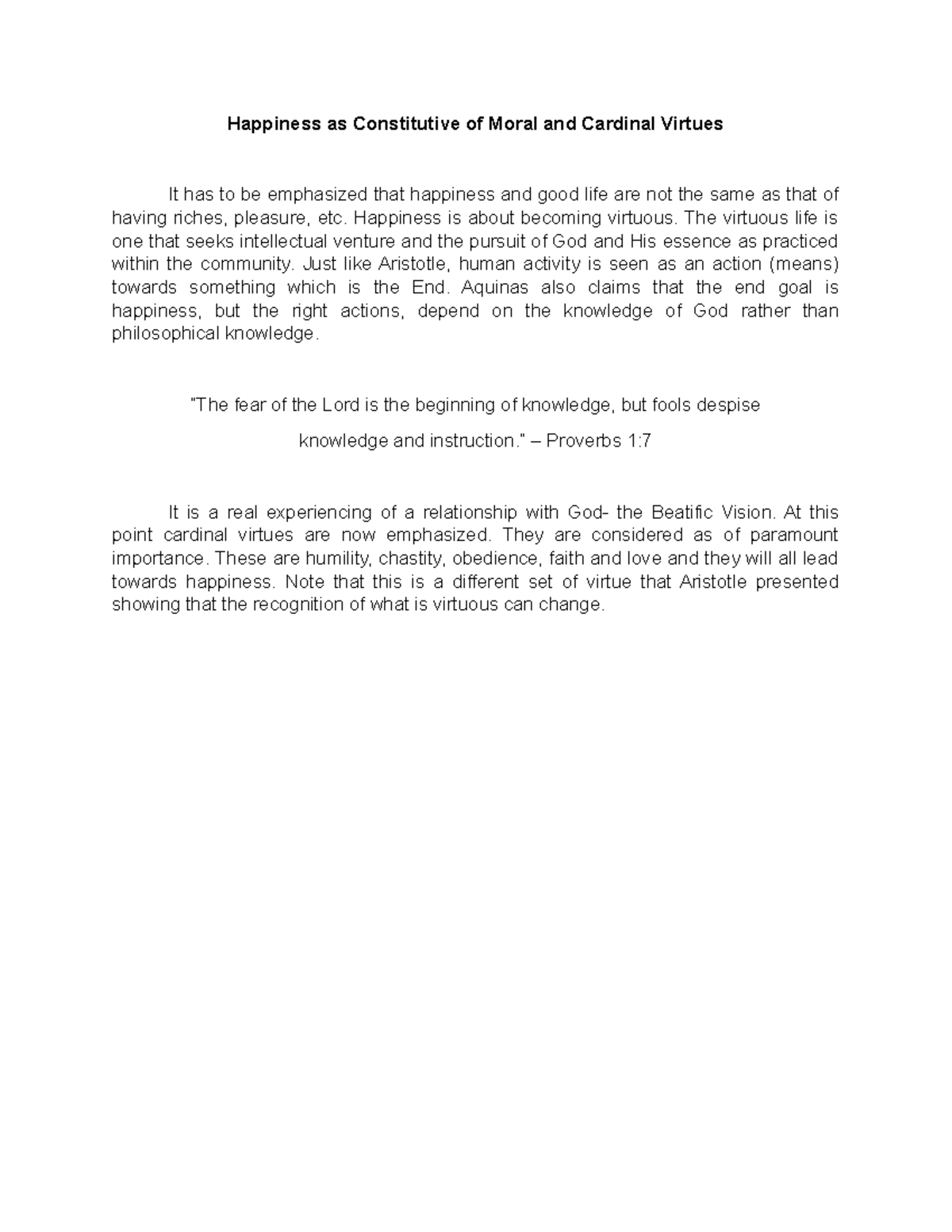 HUM 301: Happiness as a Foundation for Moral & Cardinal Virtues - Studocu
