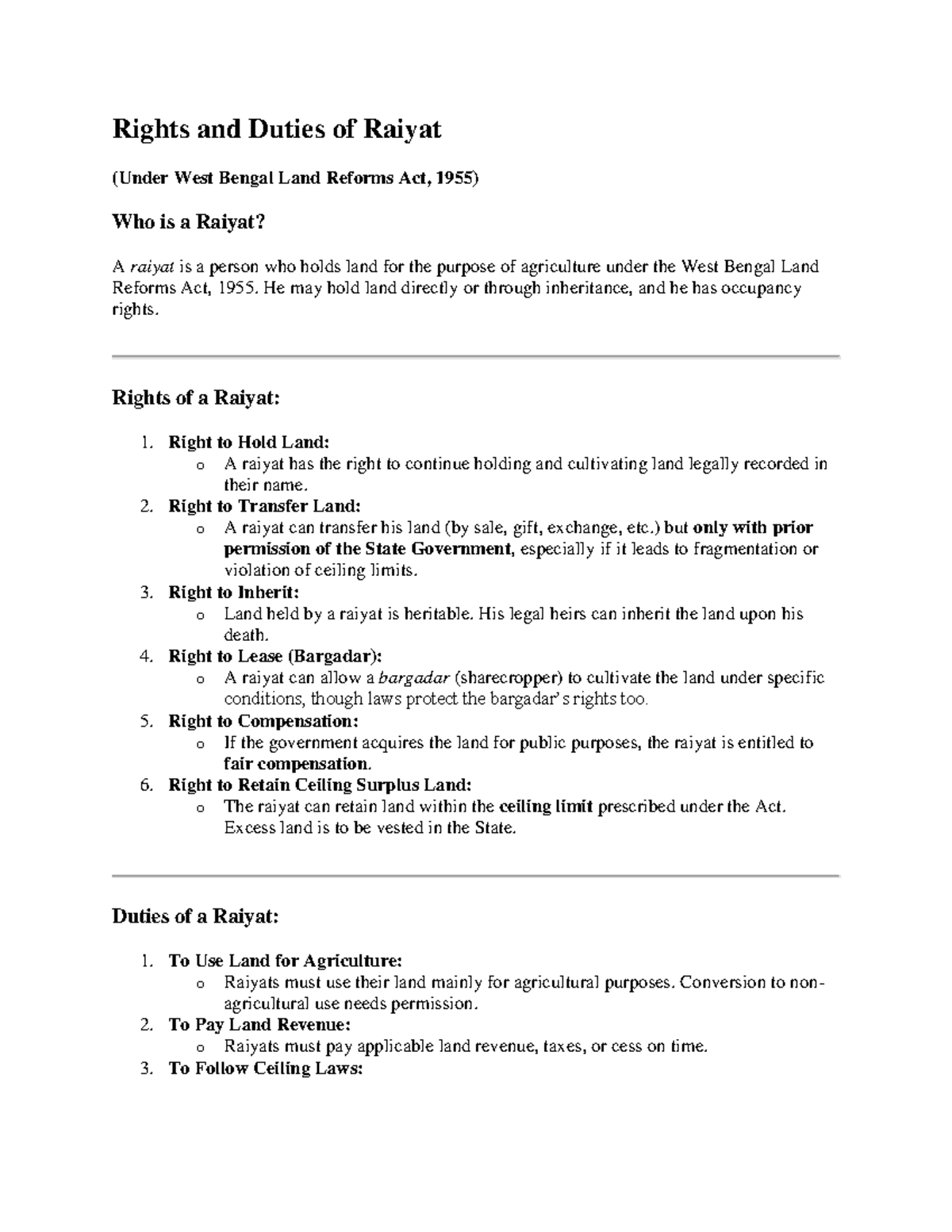 Rights and Duties of Raiyat Under WB Land Reforms Act, 1955 - Studocu