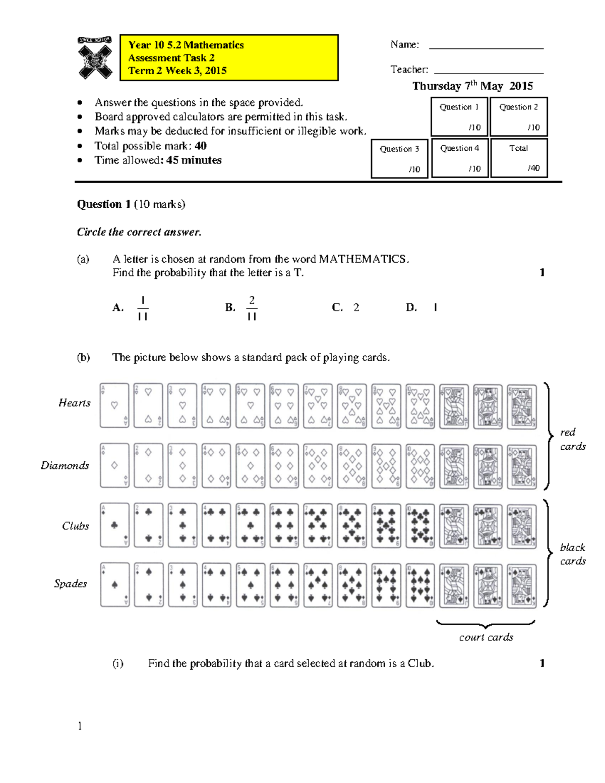2015 Y10 Core 2 and 3 AT3 - Math past paper - Answer the questions in ...