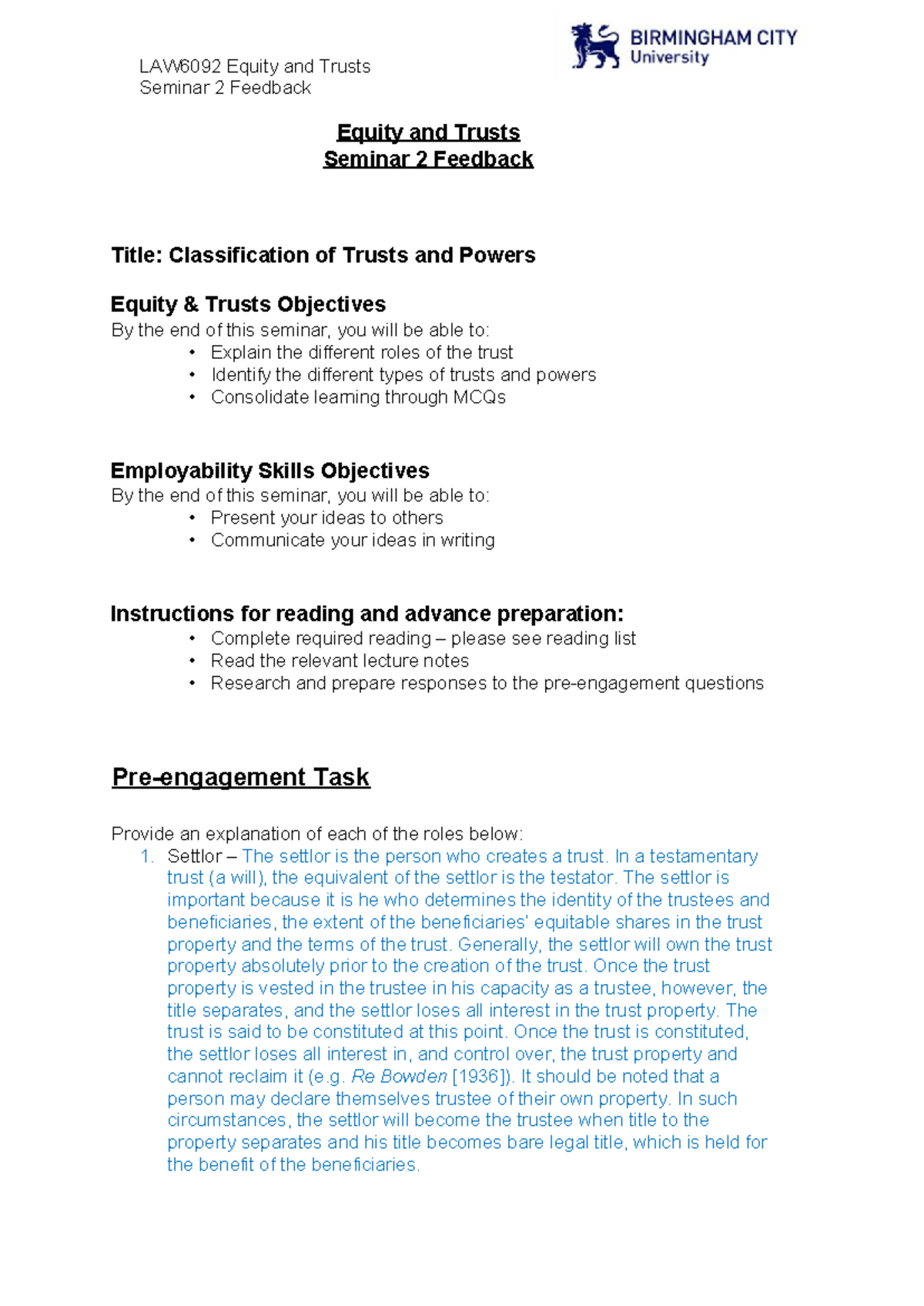 LAW6092 Seminar 2: Classification of Trusts and Powers Feedback - Studocu