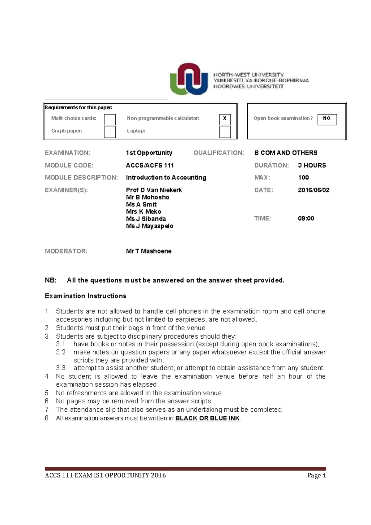 ACCS 111 Introduction to Accounting 2016 1st Opp Exam Instructions ...
