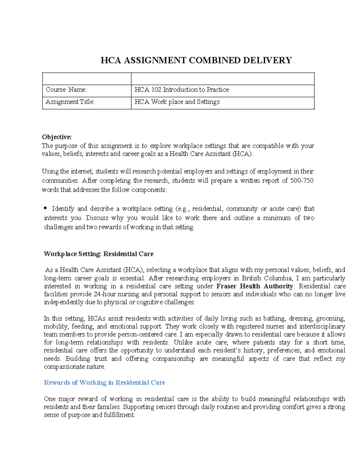 HCA 102 Assignment: Exploring Workplace Settings for HCAs - Studocu