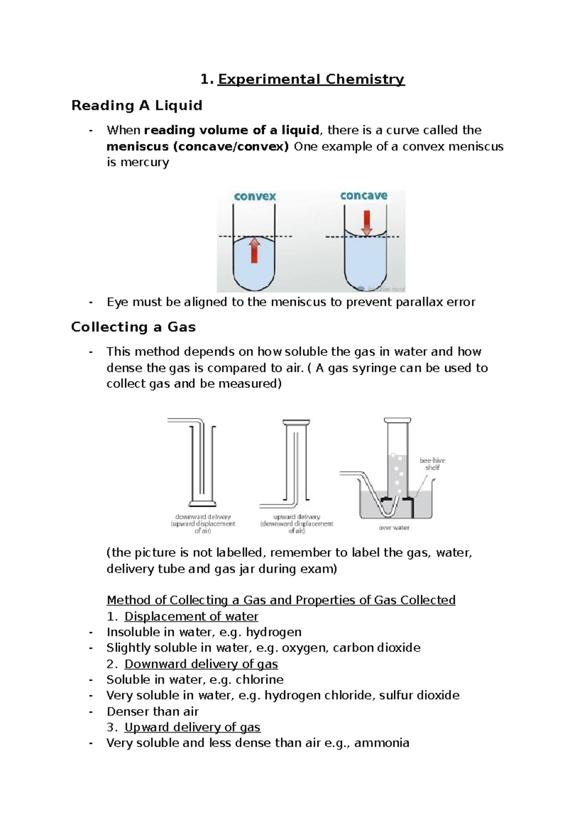 Chemistry Notes Part 2: Liquid Measurement & Gas Collection Methods ...