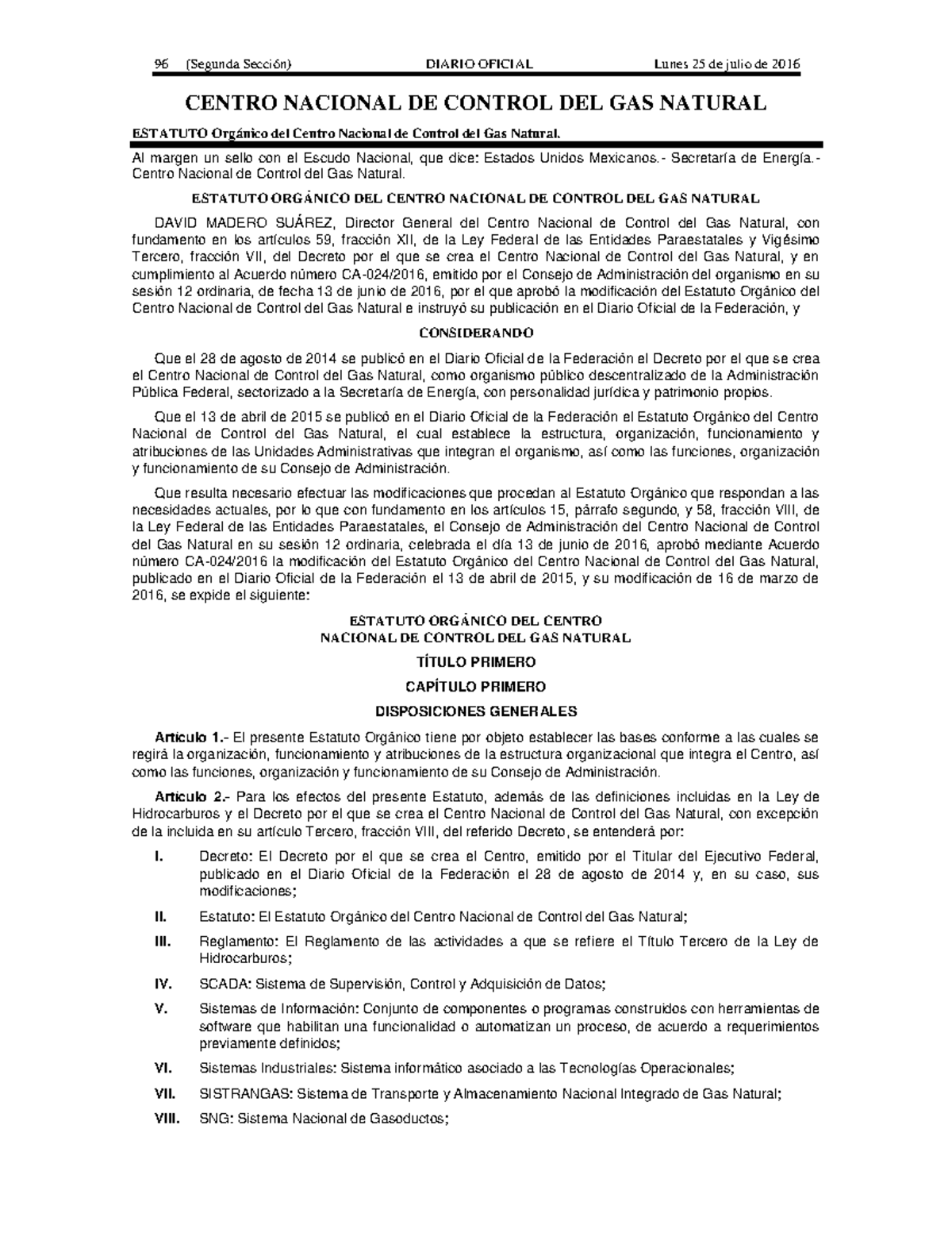 Estatuto Orgánico del Centro Nacional de Control del Gas Natural ...