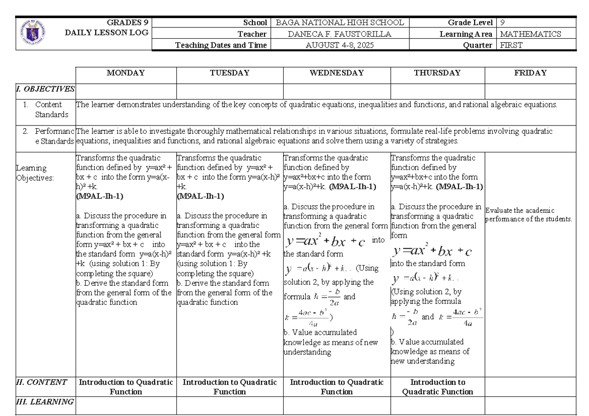 Grade 9 Math Daily Lesson Log: Quadratic Functions (Aug 2025) - Studocu