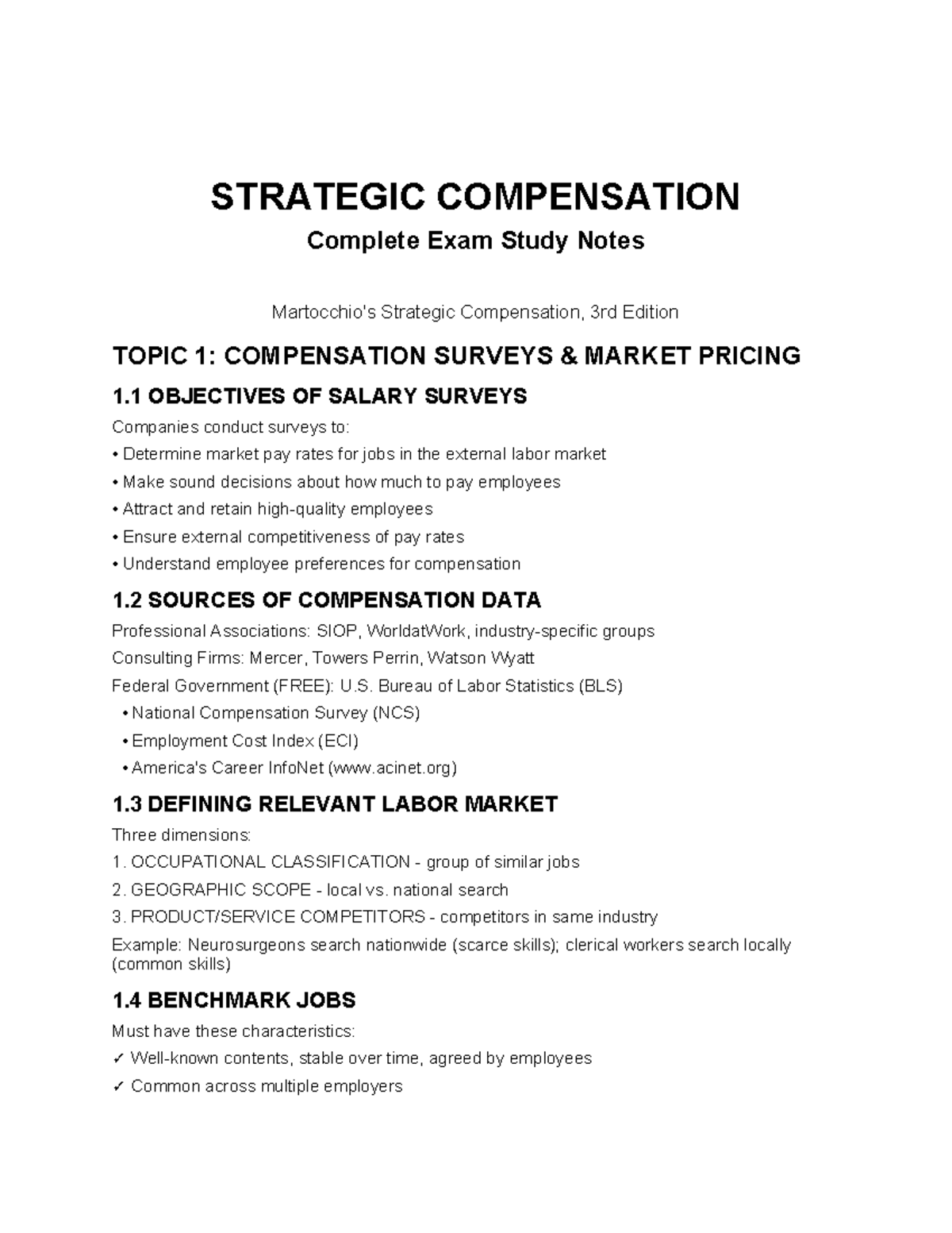 Compensation Exam Study Notes (STRATEGIC COMPENSATION 3rd Ed.) - Studocu