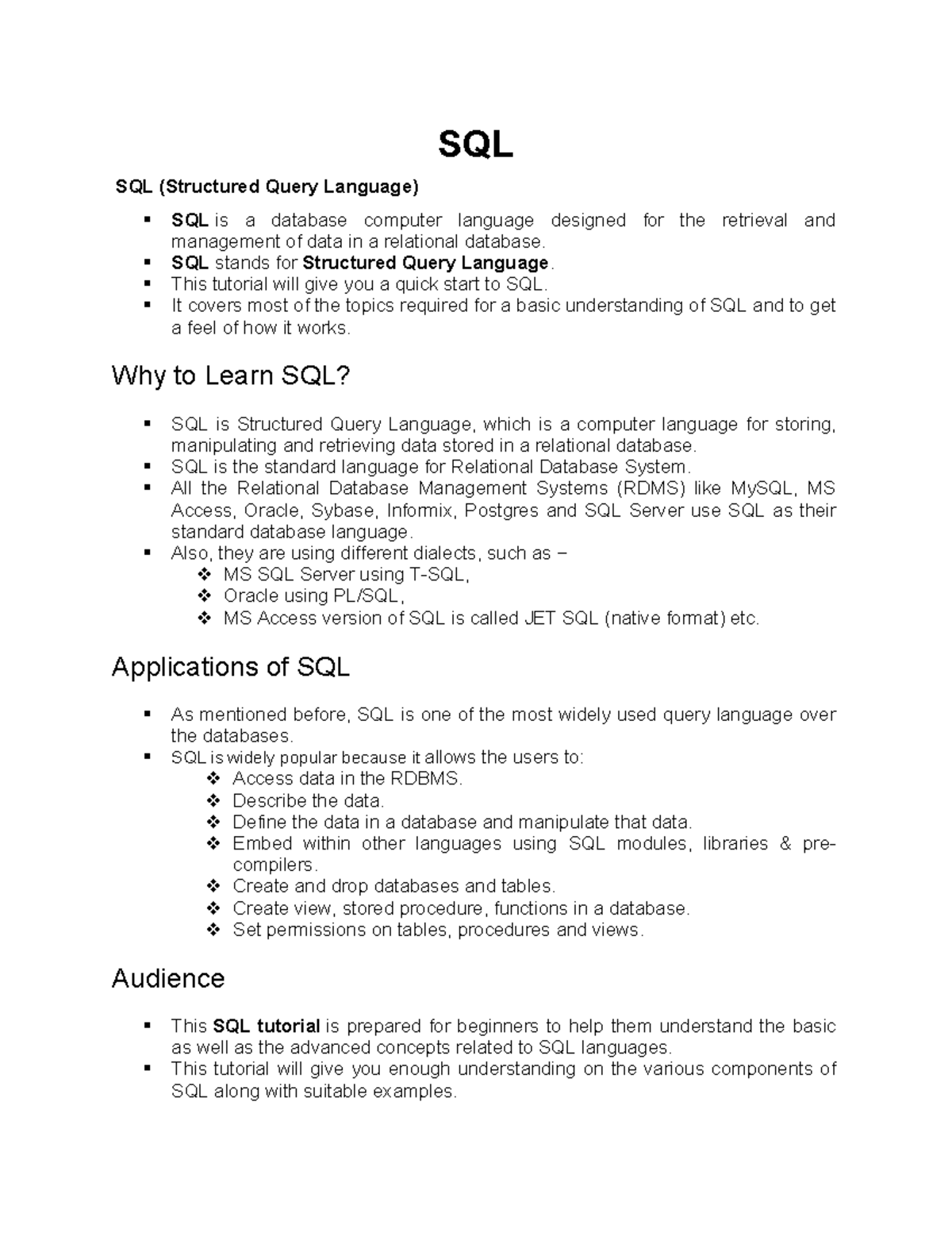 SQL 101 - Introduction to Structured Query Language (SQL) - Studocu