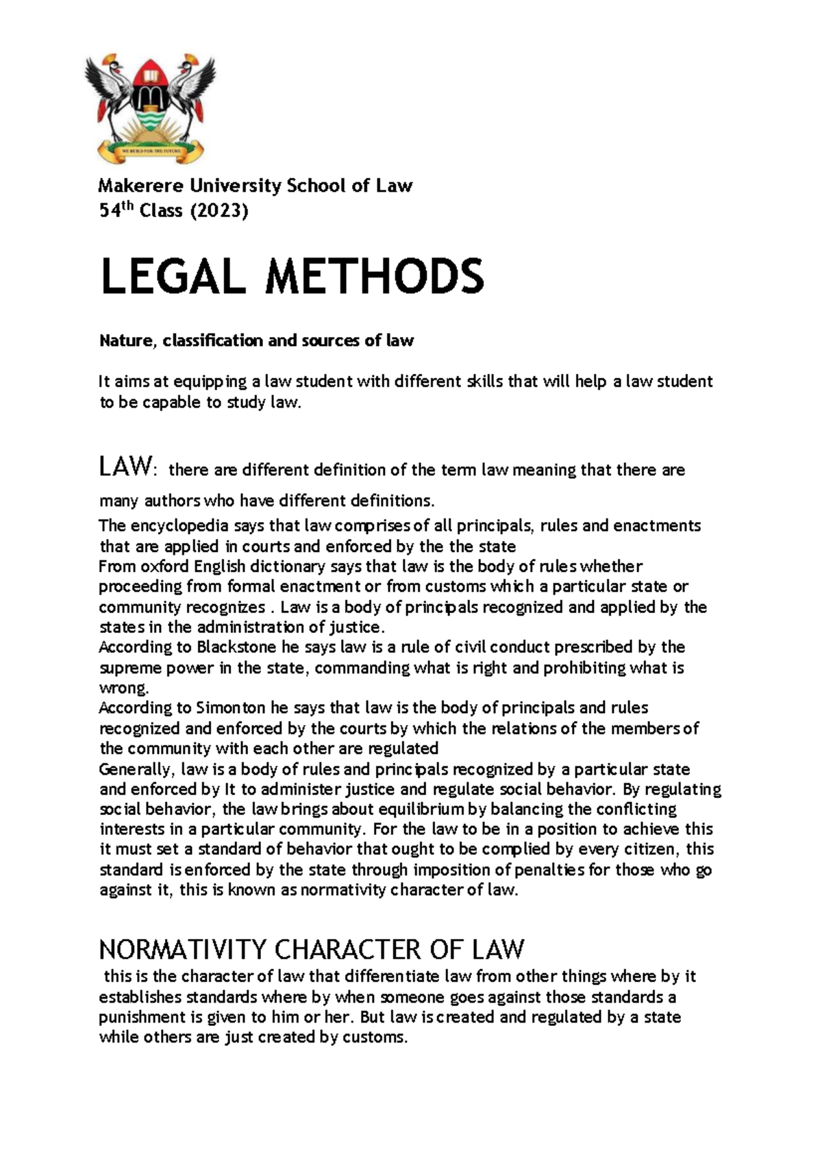 Legal Methods 1 Notes: Nature, Classification, and Sources of Law (LAW ...