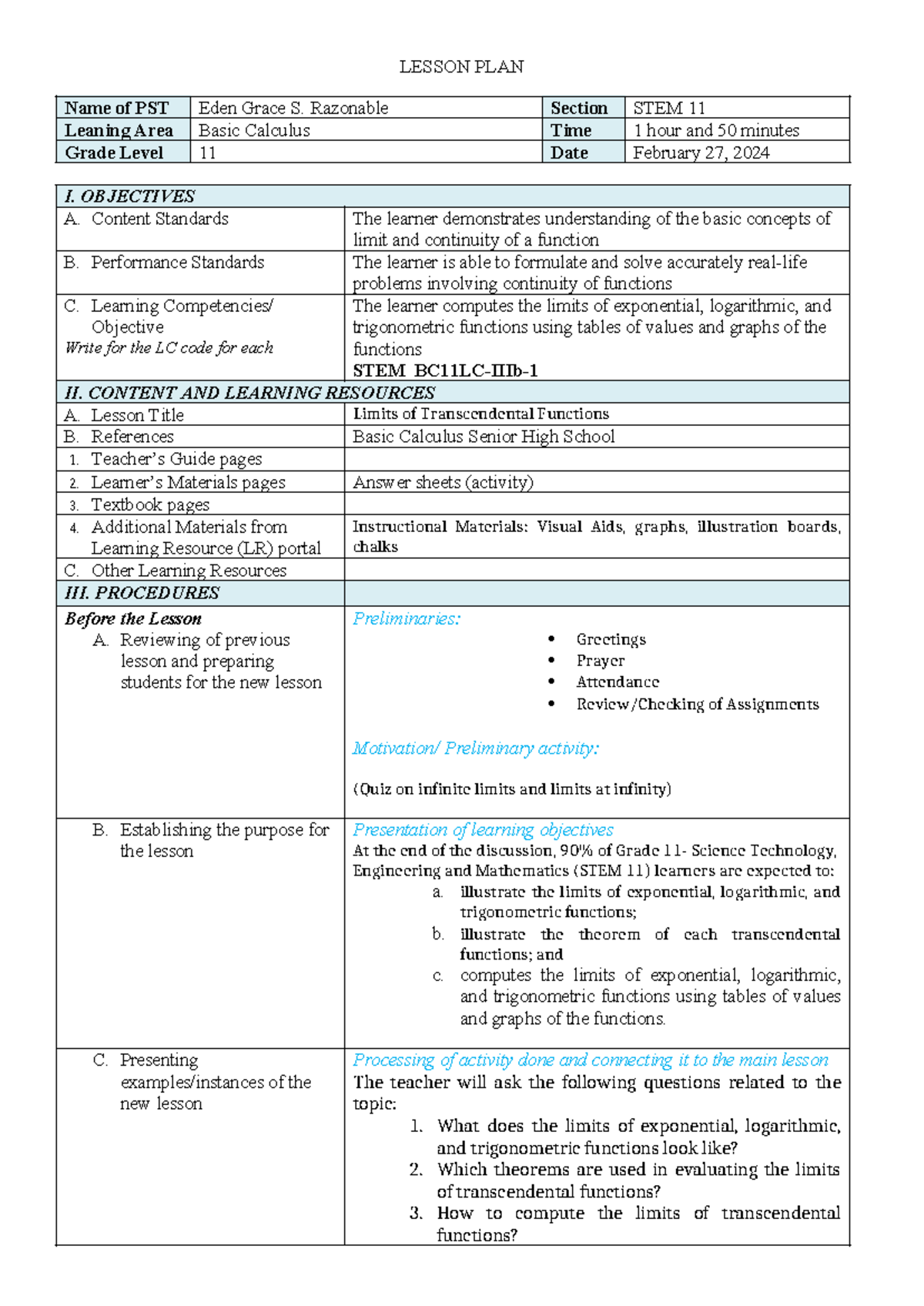 Limits of Transcendental Functions: Grade 11 Basic Calculus Lesson Plan ...