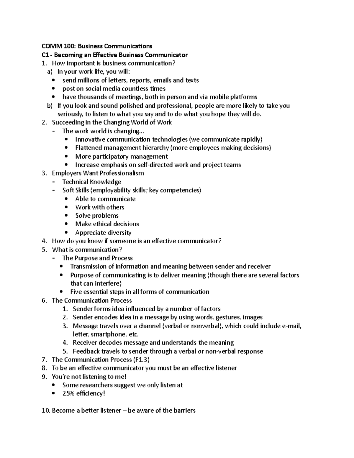 COMM 100 - Effective Business Communication Lecture Notes - Studocu