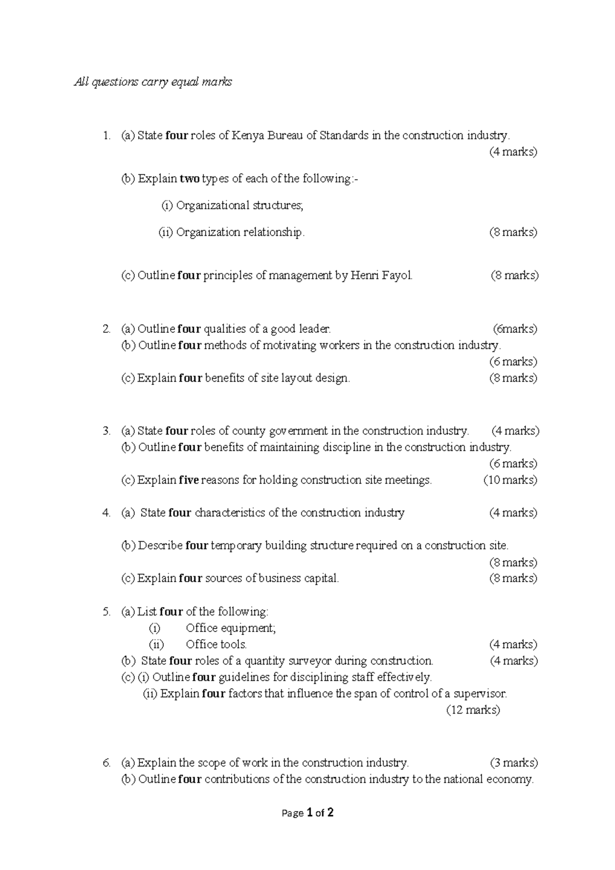 Construction Management Final Exam Questions - NOV 2021 - Studocu