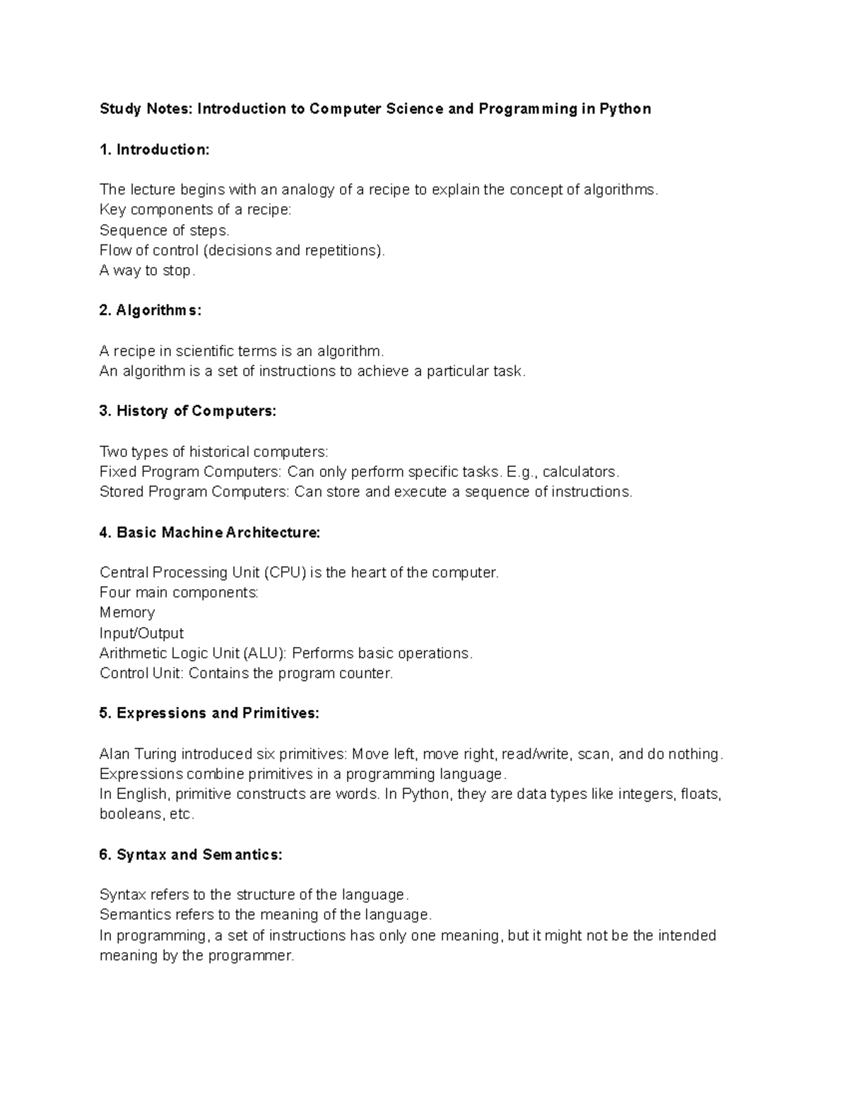 MIT 6.0001 Study Notes: Intro to Comp Sci & Python Programming - Studocu