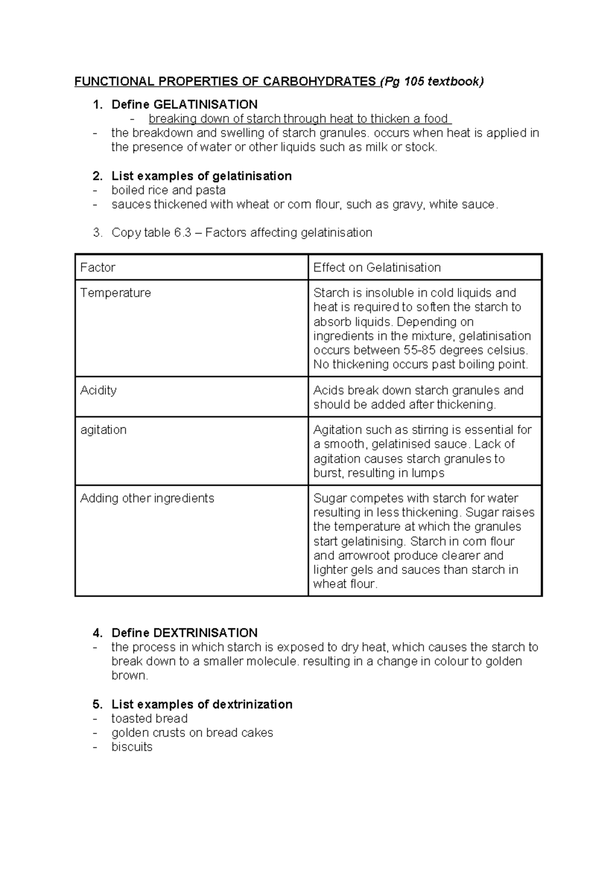 Functional Properties of Carbohydrates: Gelatinisation, Dextrinisation ...
