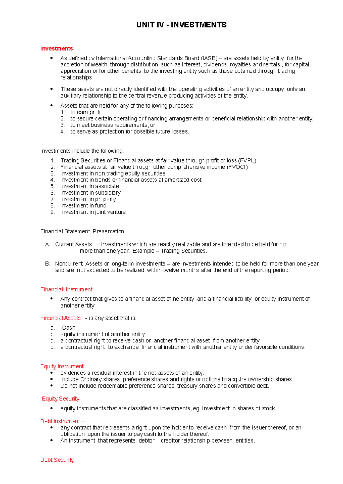Unit IV: Investments Overview and Accounting Standards (INV) - Studocu