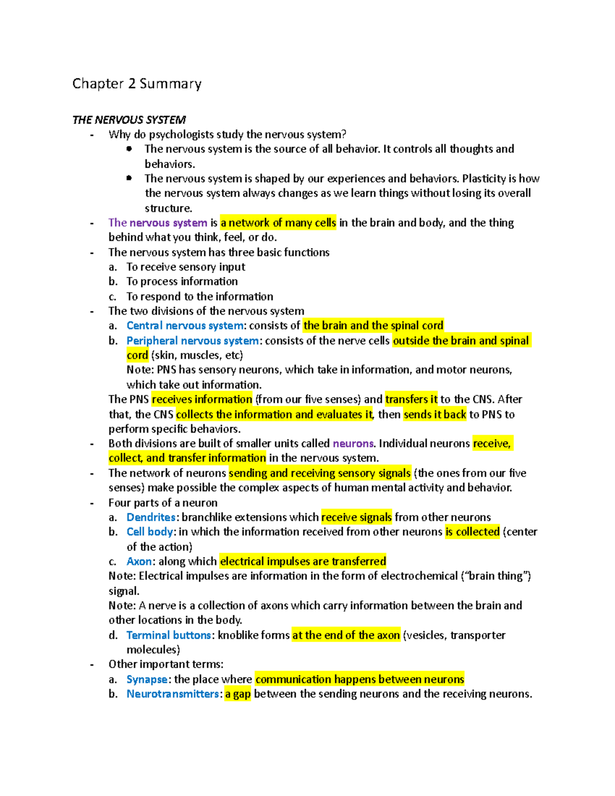 Psychology 101: Chapter 2 Summary on the Nervous System and Neurons ...