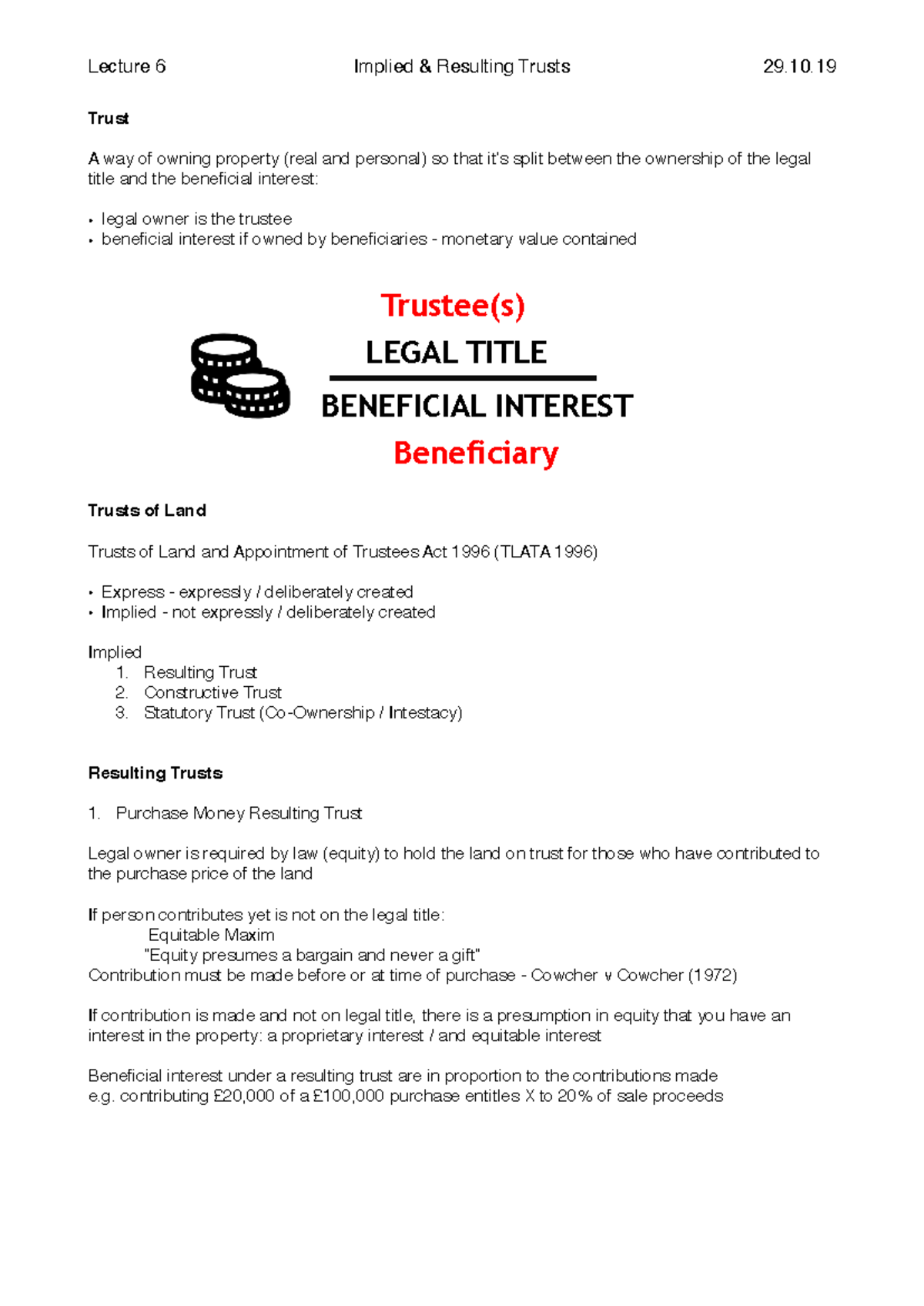 Lecture 6 - Implied Trusts & Resulting Trusts - 21215 - BCU - Studocu