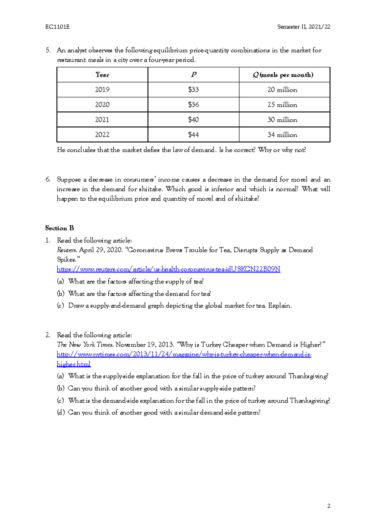 EC1101E Problem Set 2 - Demand and Supply Analysis Assignment - Studocu