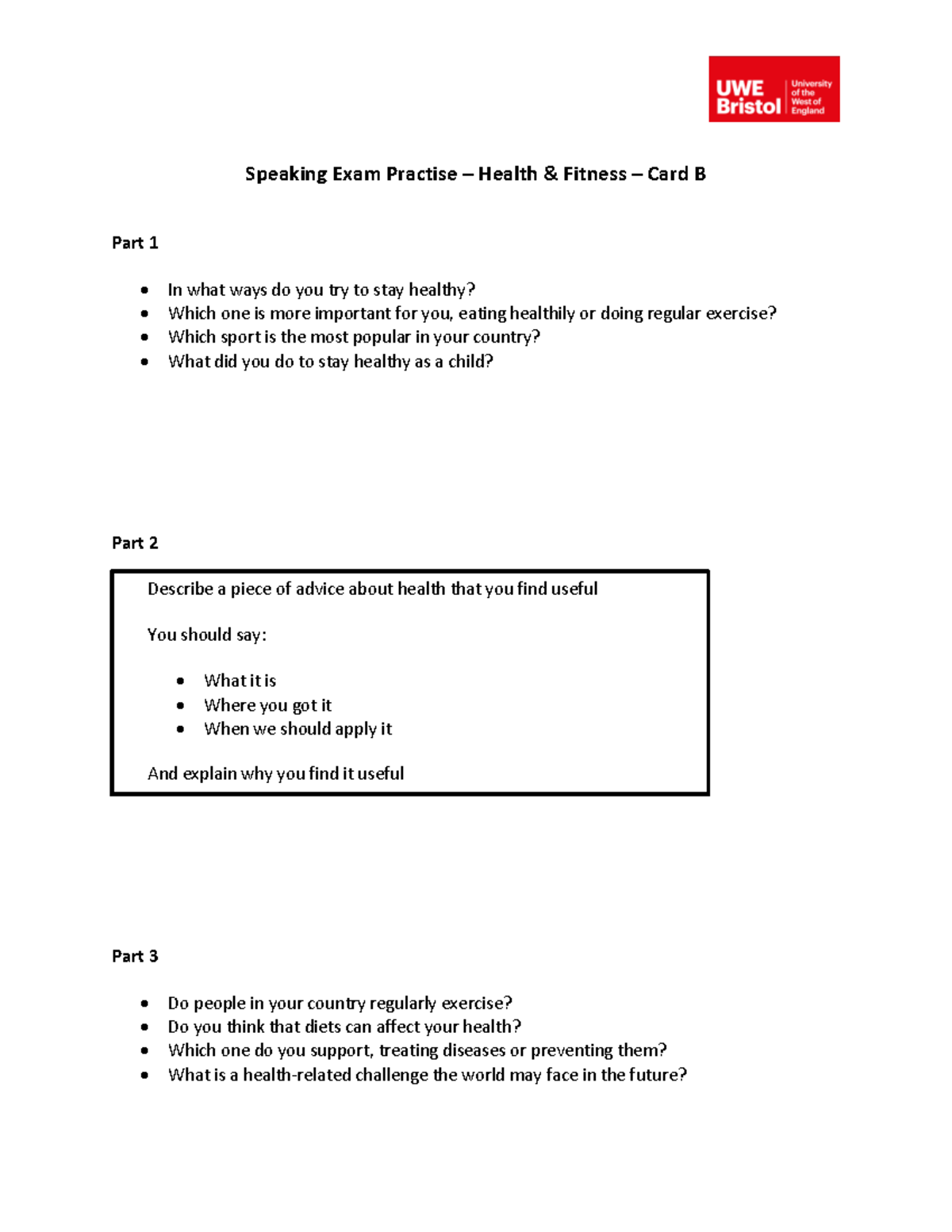 04 Speaking Exam Practice - Health & Fitness Card B Overview - Studocu